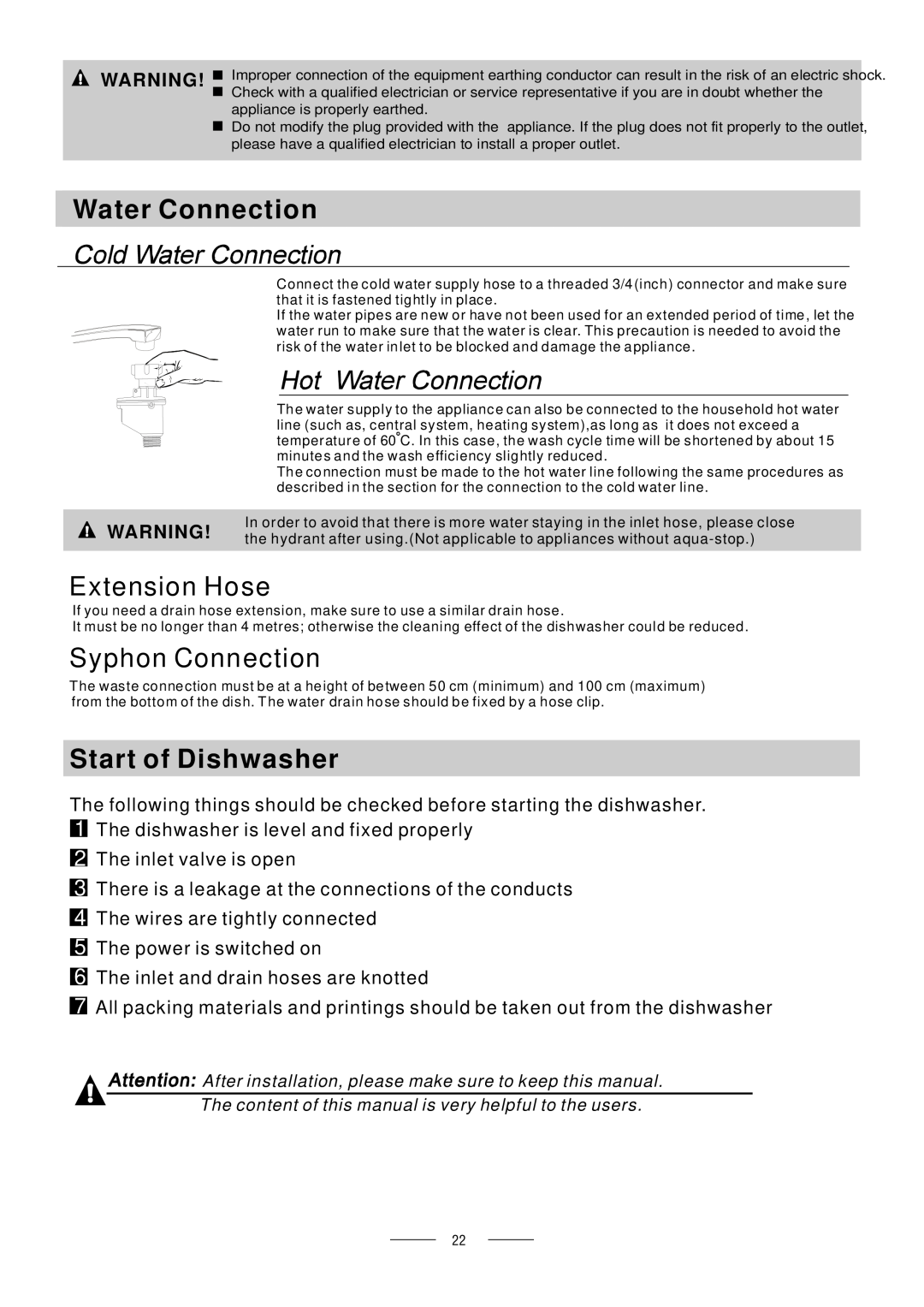 Whirlpool ADG 175 manual Water Connection, Extension Hose, Syphon Connection, Start of Dishwasher, for personal safety 