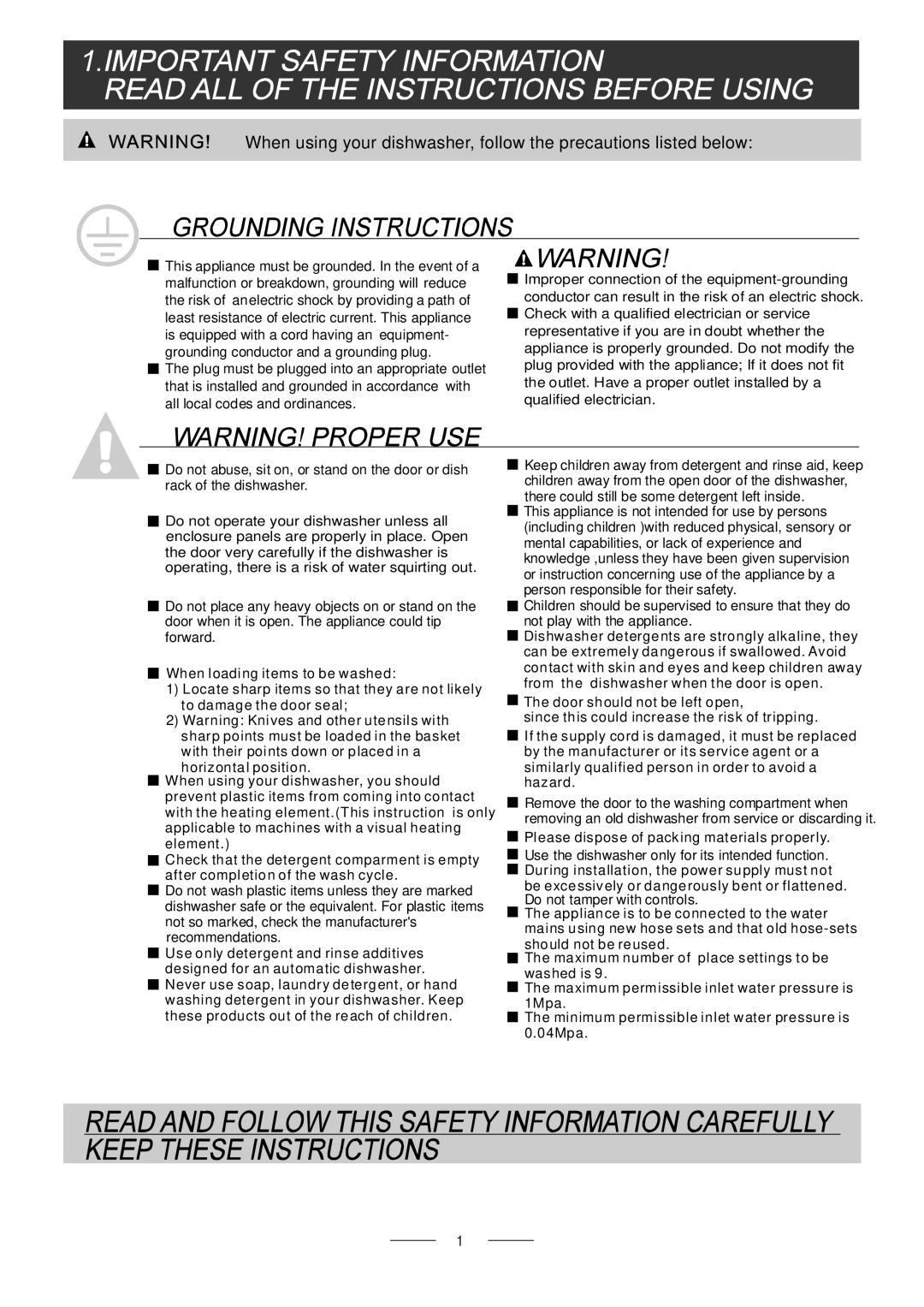 Whirlpool ADG 175 manual When using your dishwasher, follow the precautions listed below 