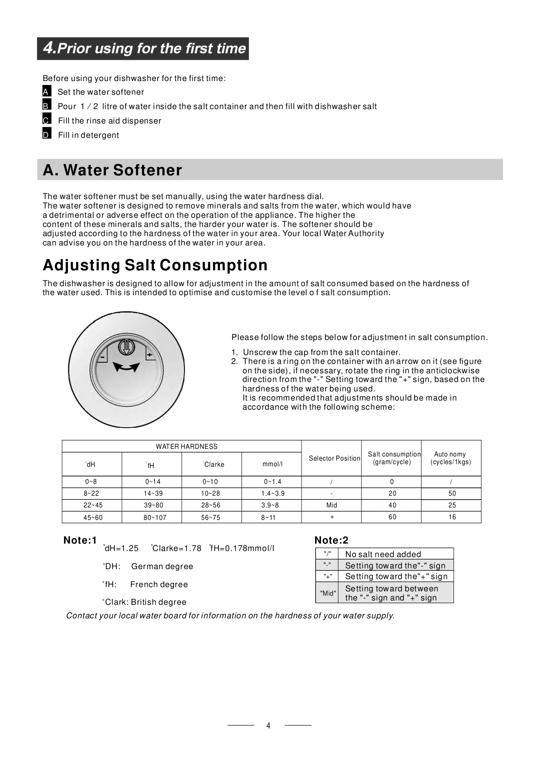 Whirlpool ADG 175 manual A. Water Softener, Adjusting Salt Consumption, Note1, Note2 