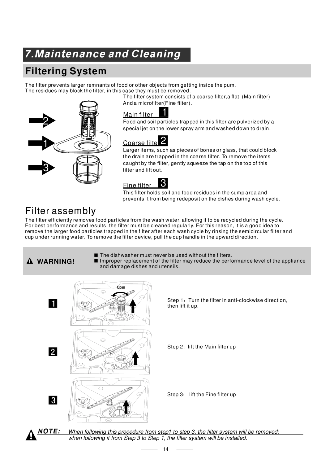 Whirlpool ADG 195 A+ manual Filtering System, Filter assembly, Main filter, Coarse filter, Fine filter 