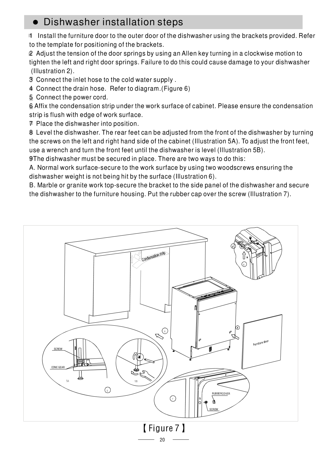 Whirlpool ADG 195 A+ manual Dishwasher installation steps, 【 】 