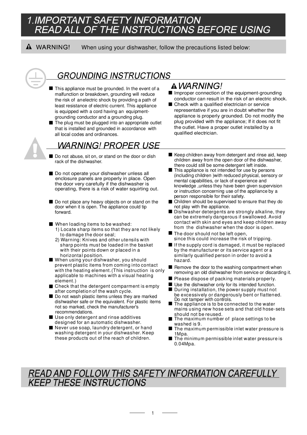 Whirlpool ADG 195 A+ manual When using your dishwasher, follow the precautions listed below 