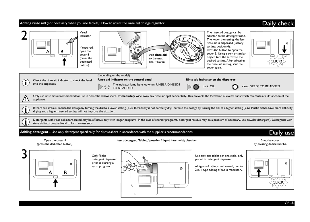 Whirlpool ADG 6500 Daily check, Daily use, Rinse aid indicator on the control panel, Rinse aid indicator on the dispenser 