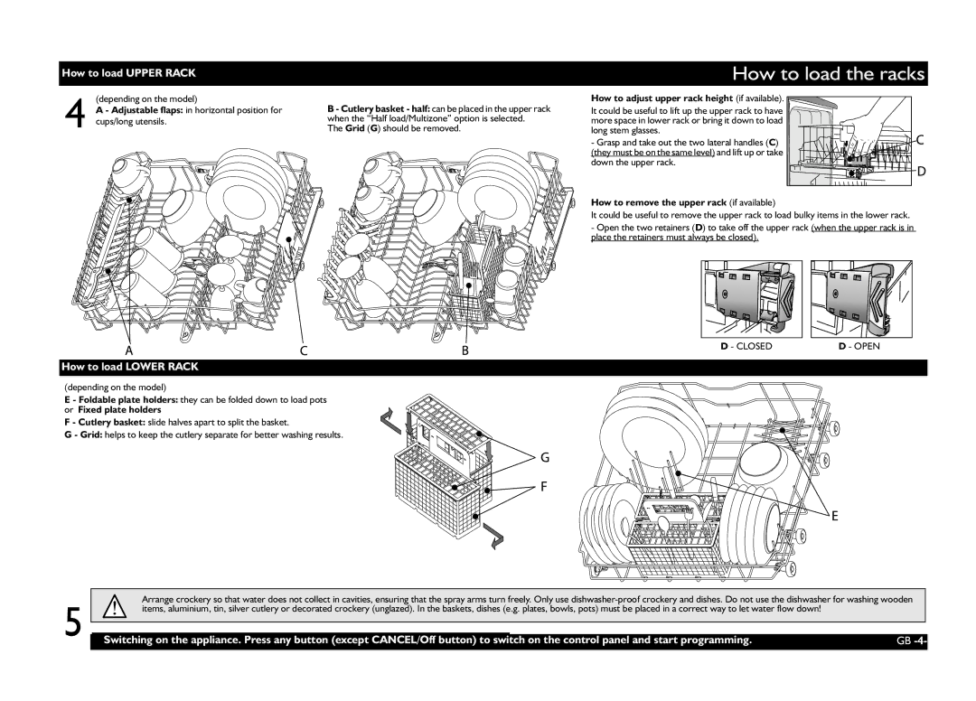 Whirlpool ADG 6500 manual How to load the racks, How to load Upper Rack, How to load Lower Rack 