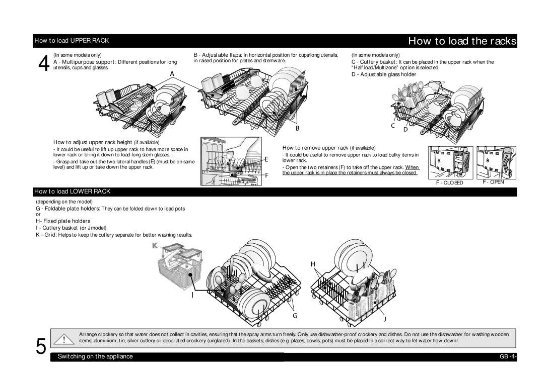 Whirlpool ADG 7470 manual How to load the racks, How to load UPPER RACK, How to load LOWER RACK, Switching on the appliance 