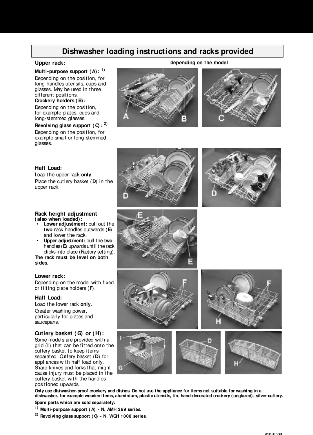 Whirlpool ADG 7952 manual Dishwasher loading instructions and racks provided 