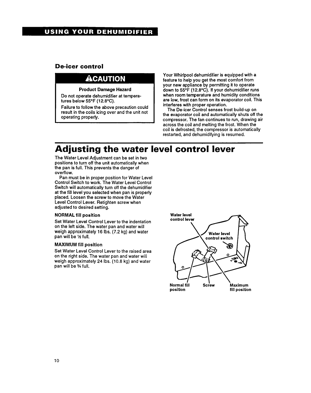 Whirlpool ADO15, ADO40 warranty Adjusting the water level control lever, De-icer control 