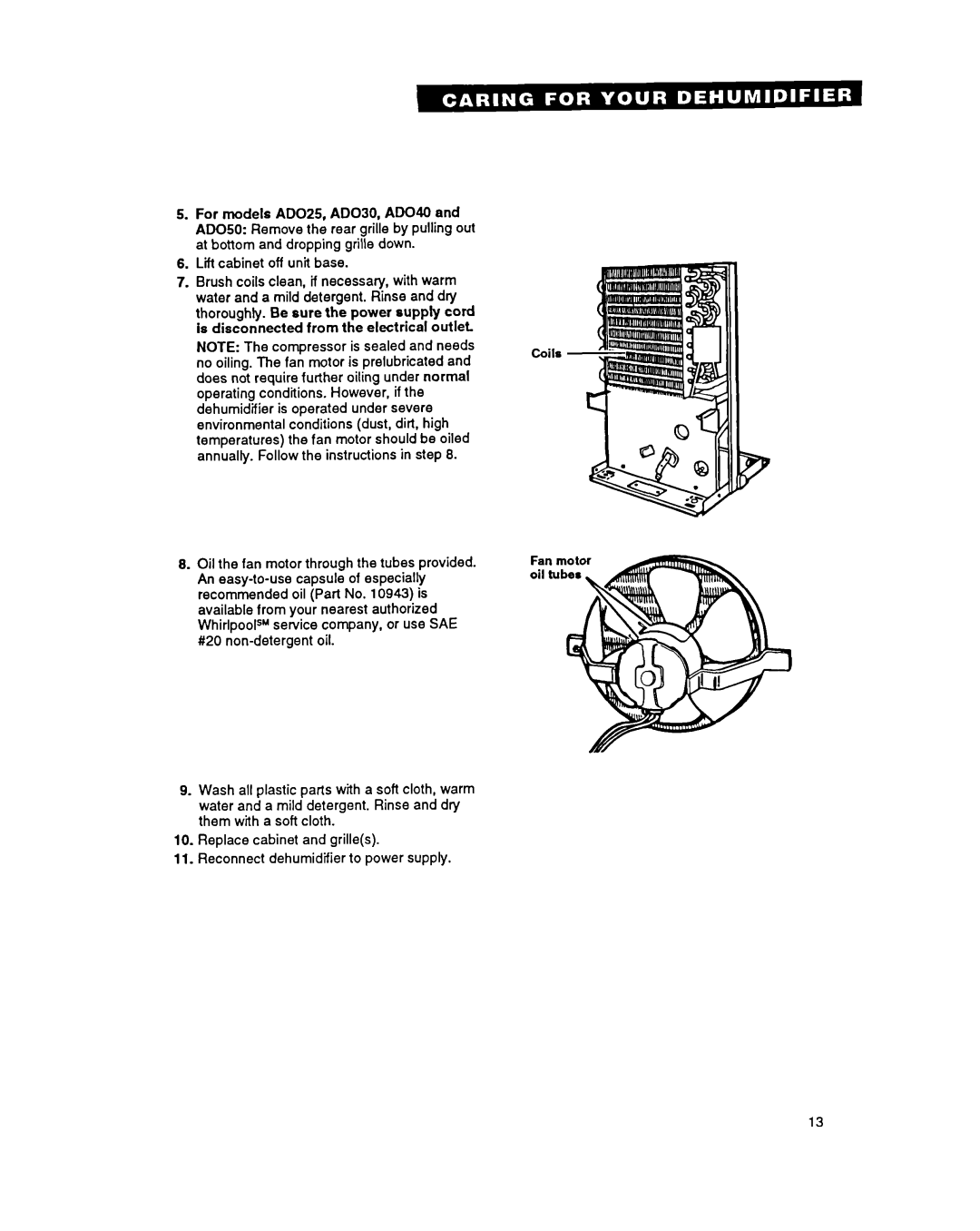 Whirlpool ADO40, ADO15 warranty No oiling. The fan motor is prelubricated 