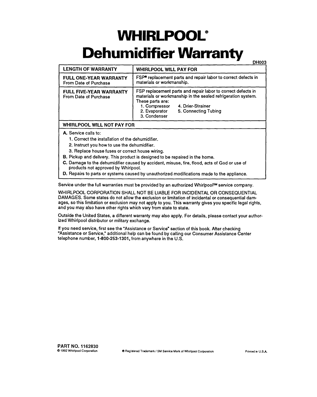 Whirlpool ADO15, ADO40 warranty Dehumidifier Warranty 