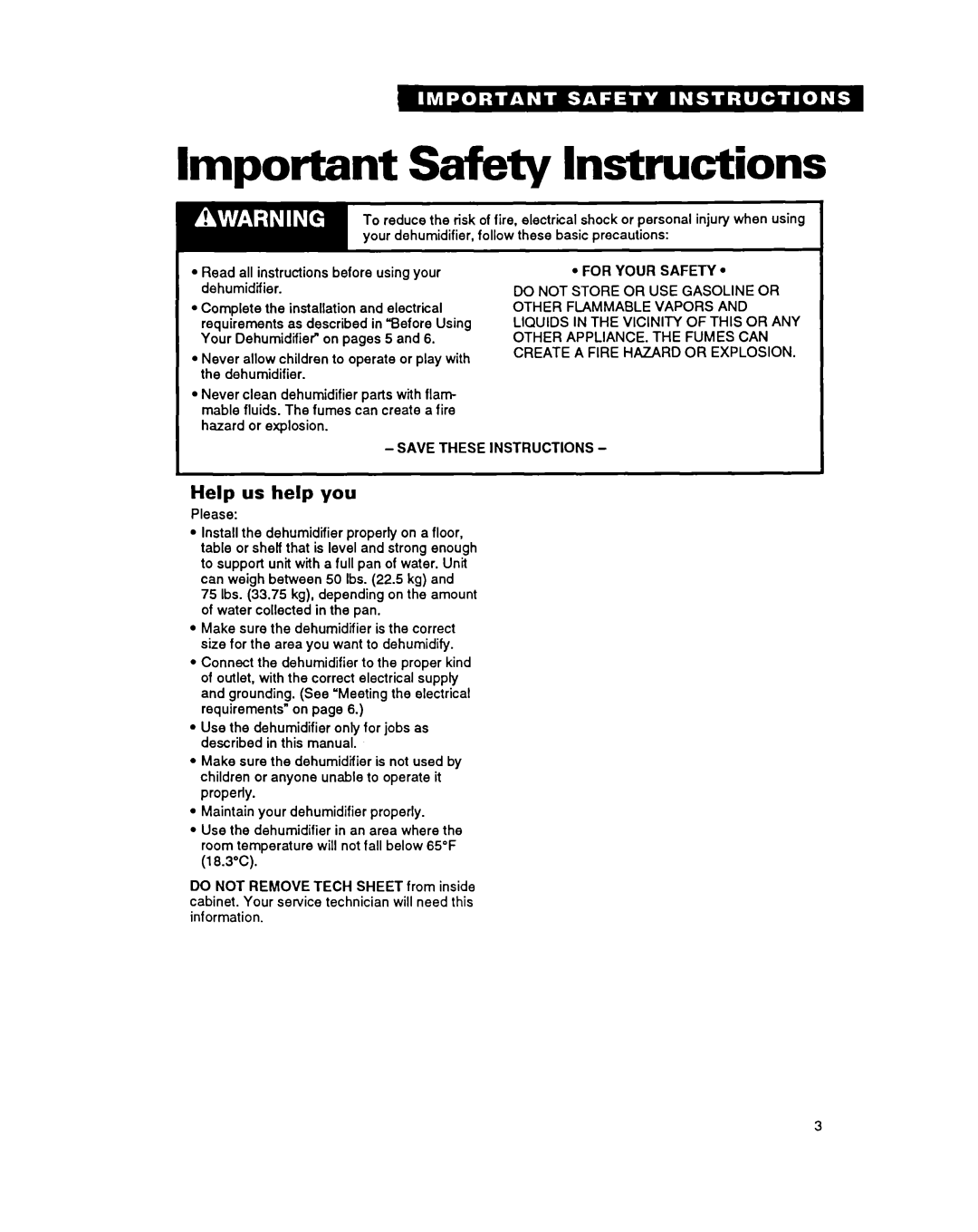 Whirlpool ADO40 Important Safety Instructions, Help us help you, Read all instructions before using your dehumidifier 