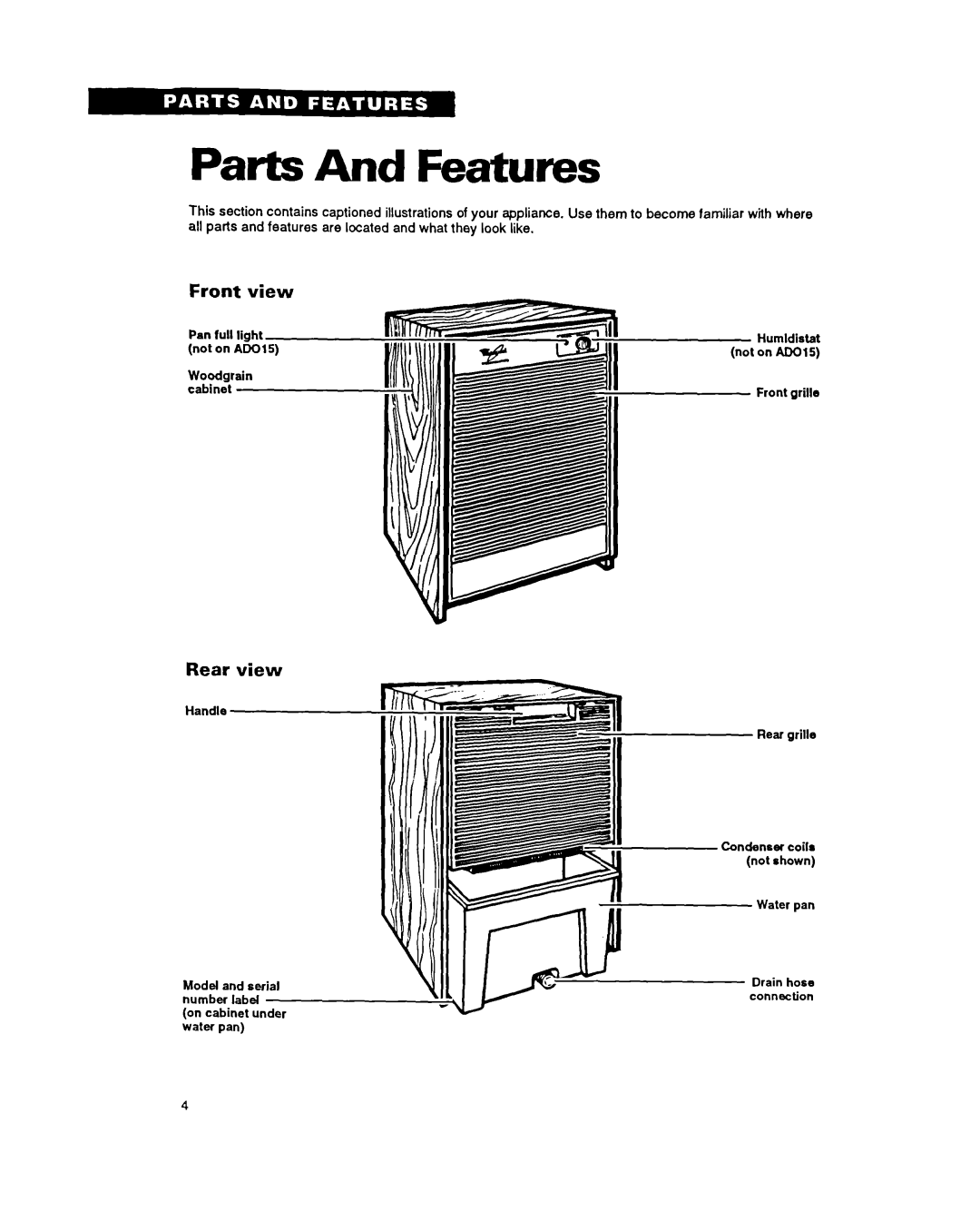 Whirlpool ADO15, ADO40 warranty Parts And Features, Front view, Rear view, Connection 