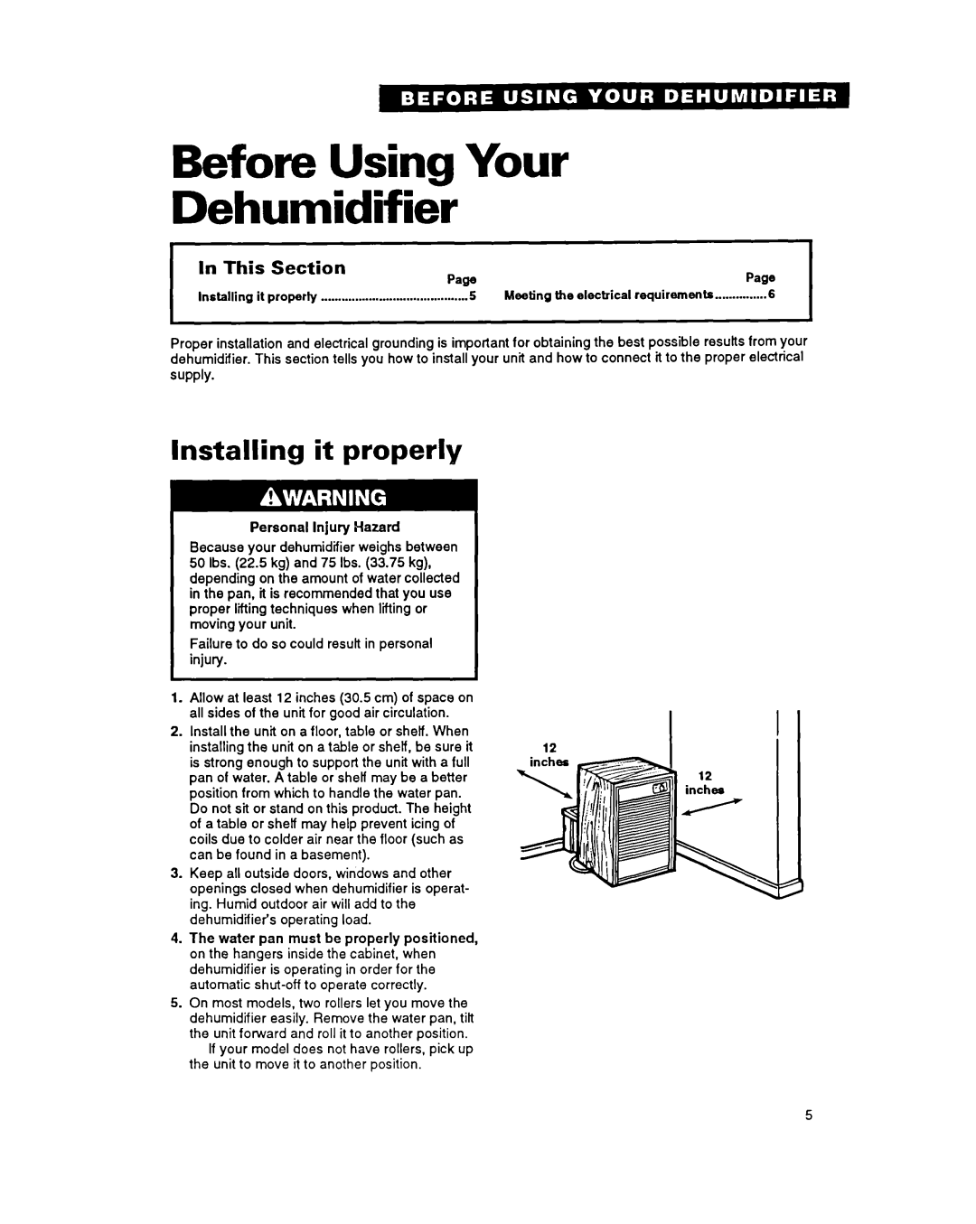 Whirlpool ADO40 Before Using Your Dehumidifier, Installing it properly, This Section PagePaw, Personal Injury Hazard 