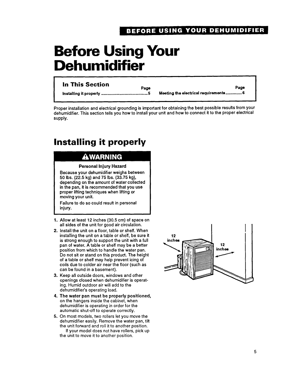 Whirlpool ADO40, ADO15 warranty Before Using Your Dehumidifier, Installing it properly, In This Section PagePaw 