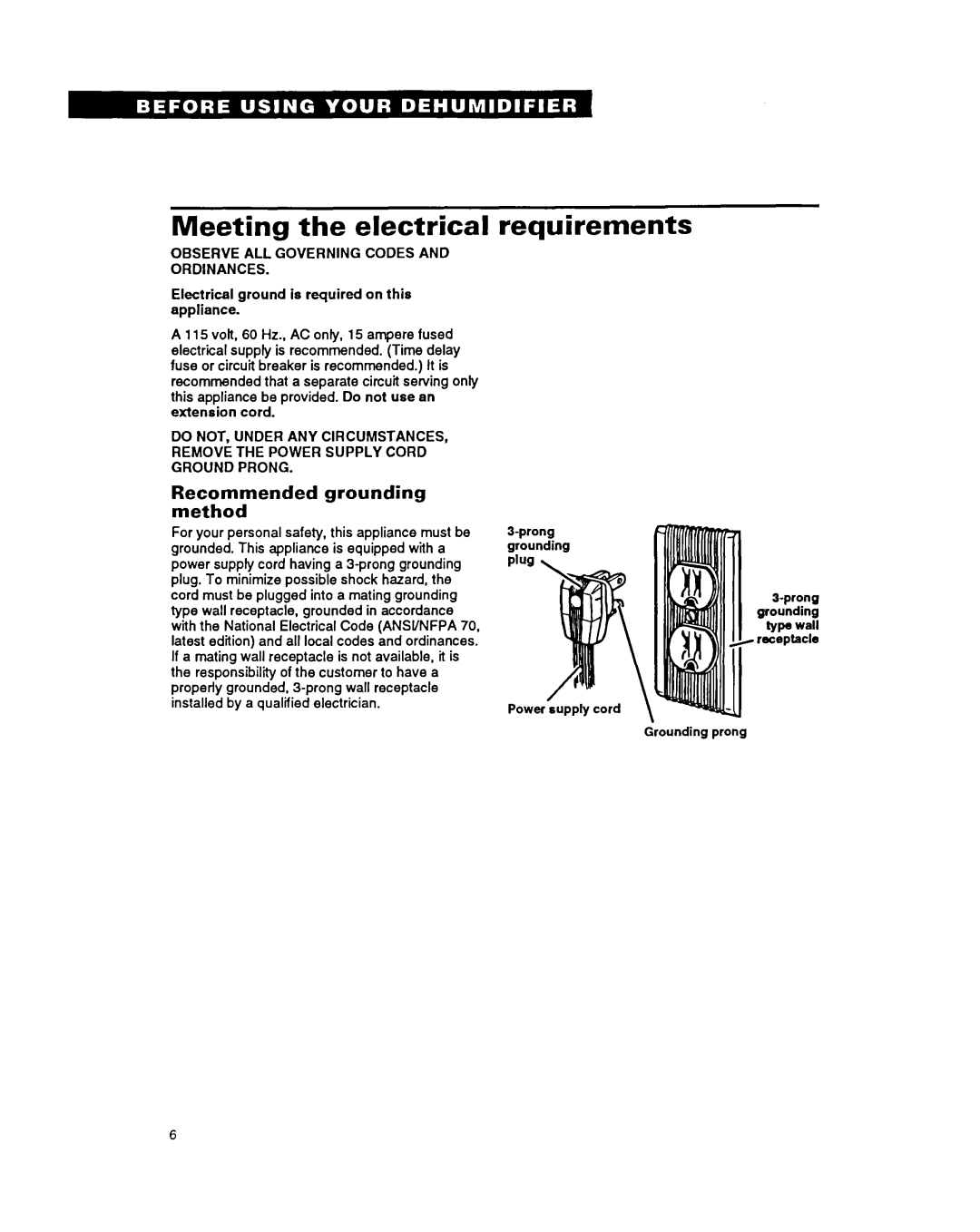 Whirlpool ADO15, ADO40 warranty Meeting the electrical requirements, Recommended grounding method 