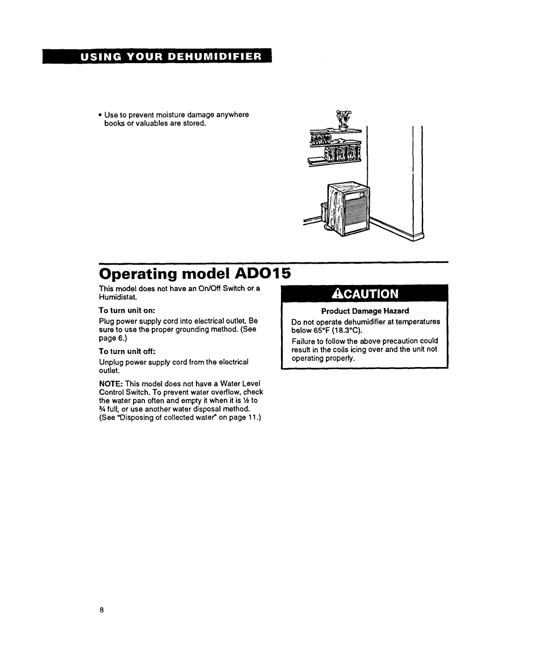 Whirlpool ADO15, ADO40 warranty Operating model ADO1 