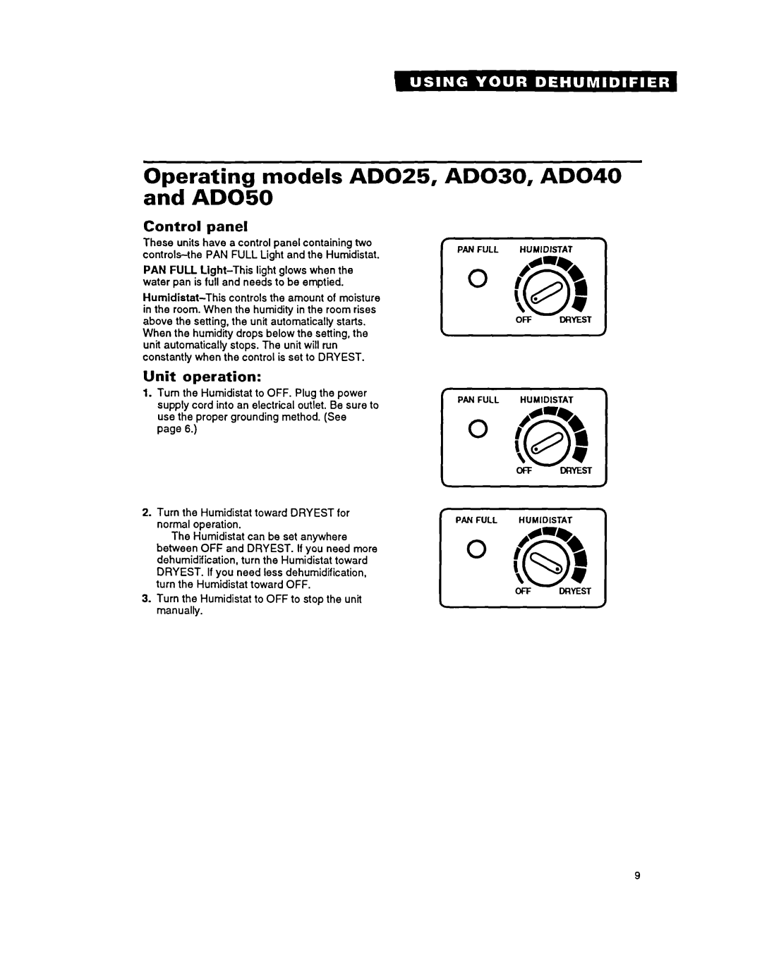 Whirlpool ADO40, ADO15 warranty Operating models AD025, and ADO%0, AD030, AD040, Control panel, Unit operation 