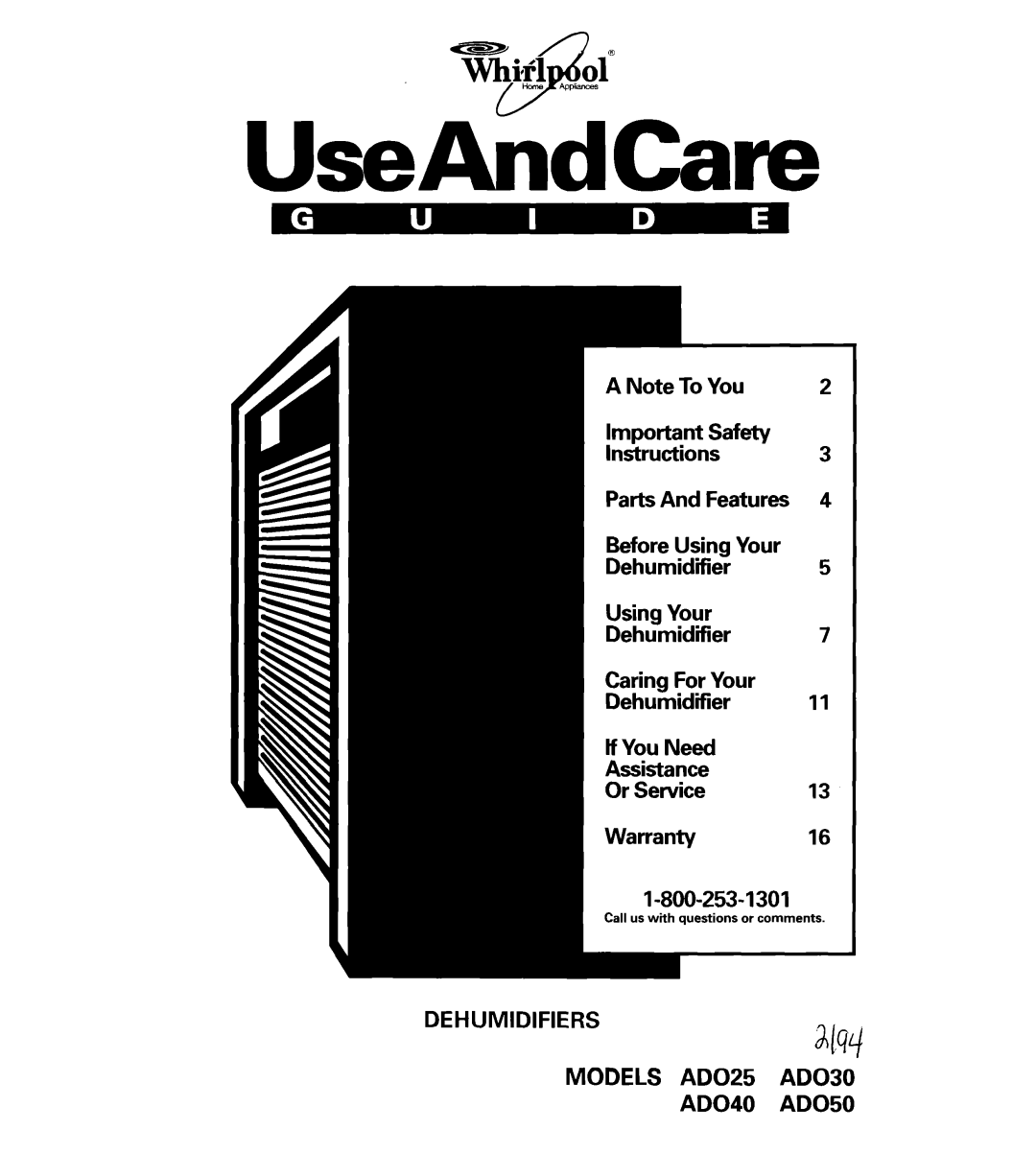 Whirlpool AD050, AD040 important safety instructions Models ADO25 AD030 