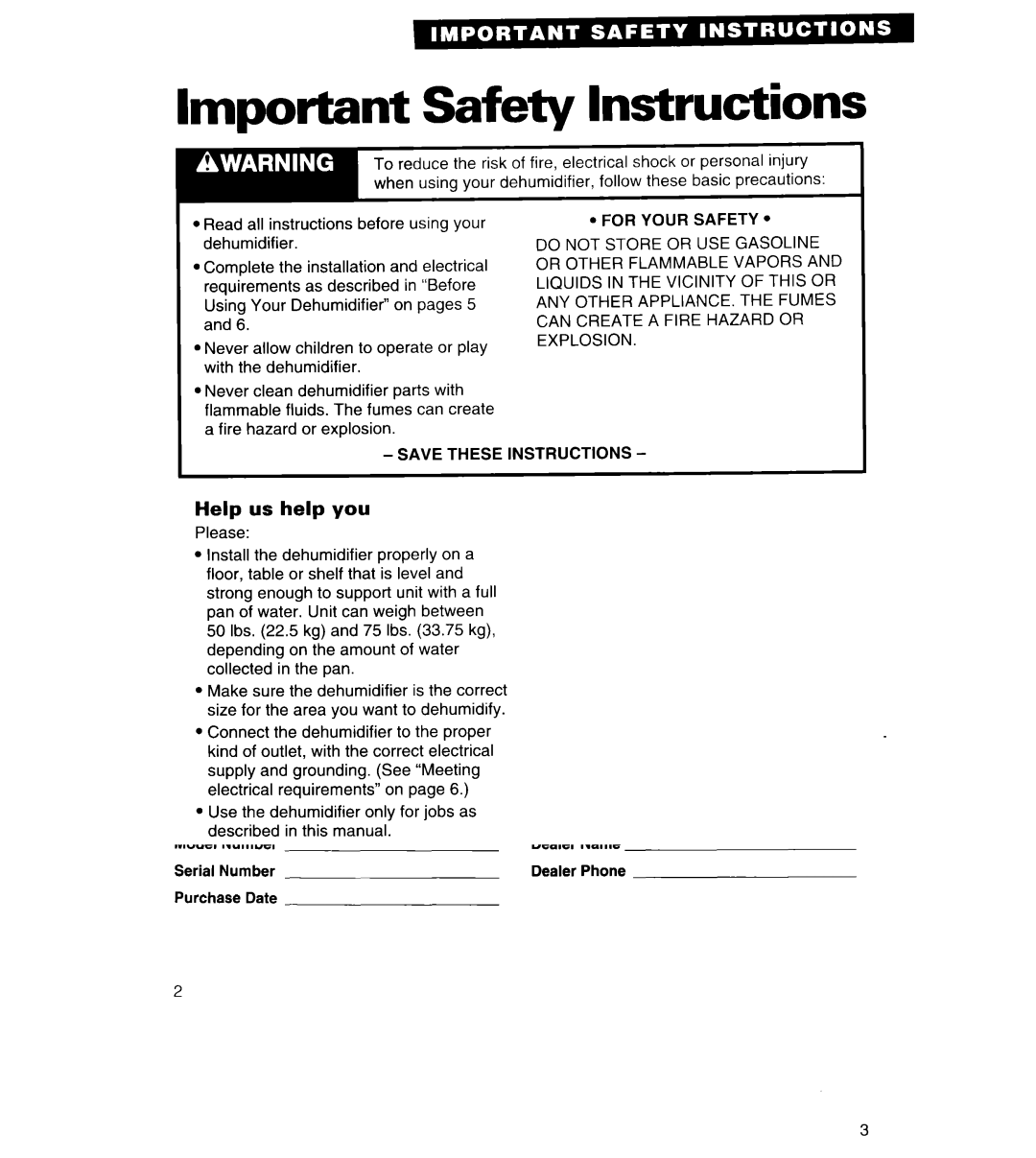 Whirlpool AD030, ADO25, AD050, AD040 important safety instructions Important Safety Instructions, Help us help you 