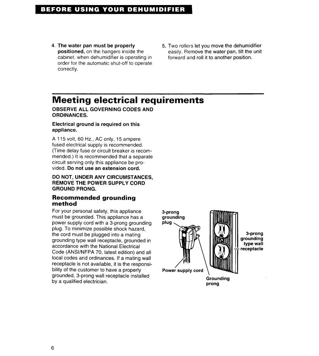 Whirlpool AD040 Meeting electrical requirements, Recommended grounding method, Observe ALL Governing Codes and Ordinances 