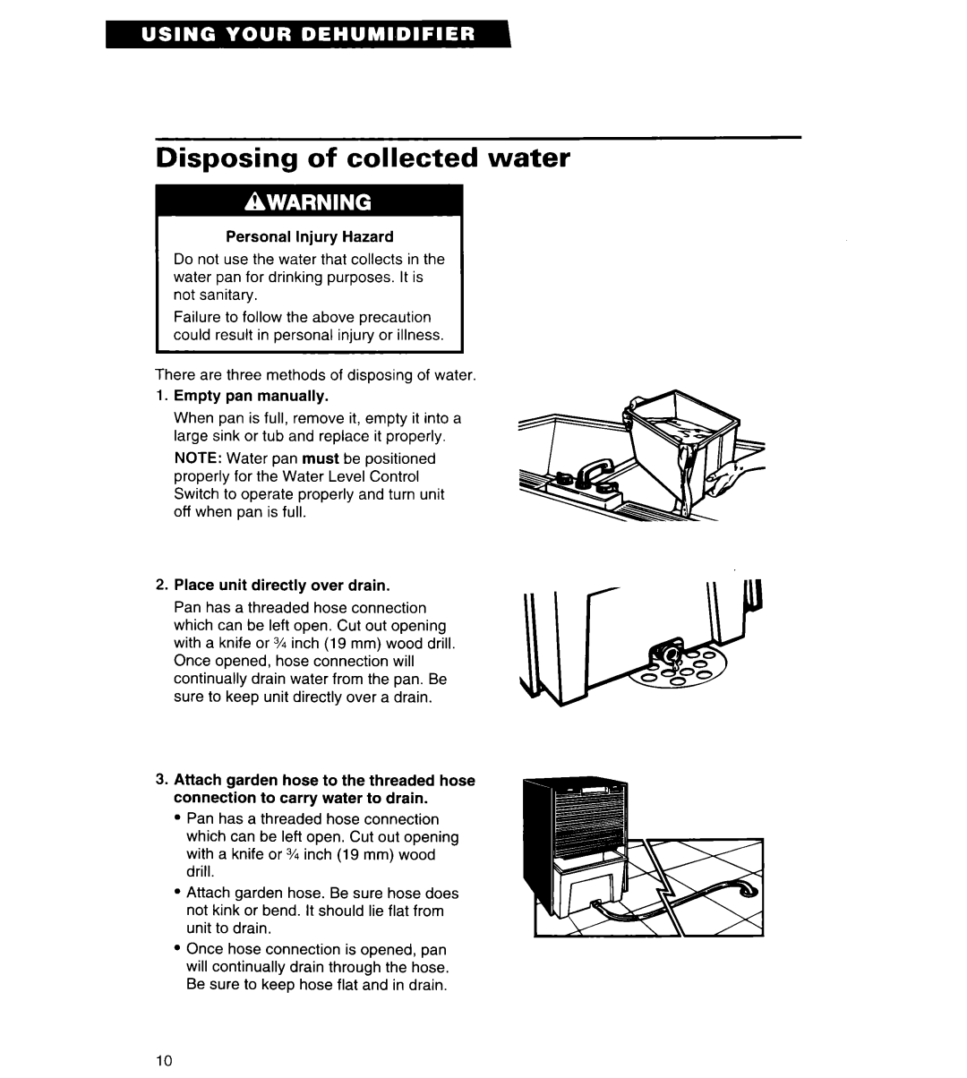 Whirlpool AD040, ADO25, AD050, AD030 important safety instructions Disposing of collected water 