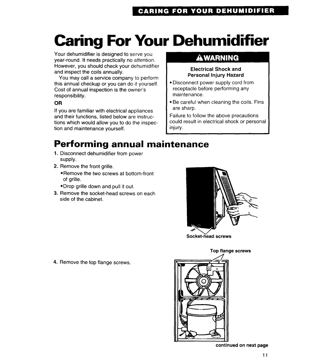 Whirlpool AD030, ADO25, AD050, AD040 Caring For Your, Dehumidifier, Performing annual maintenance 