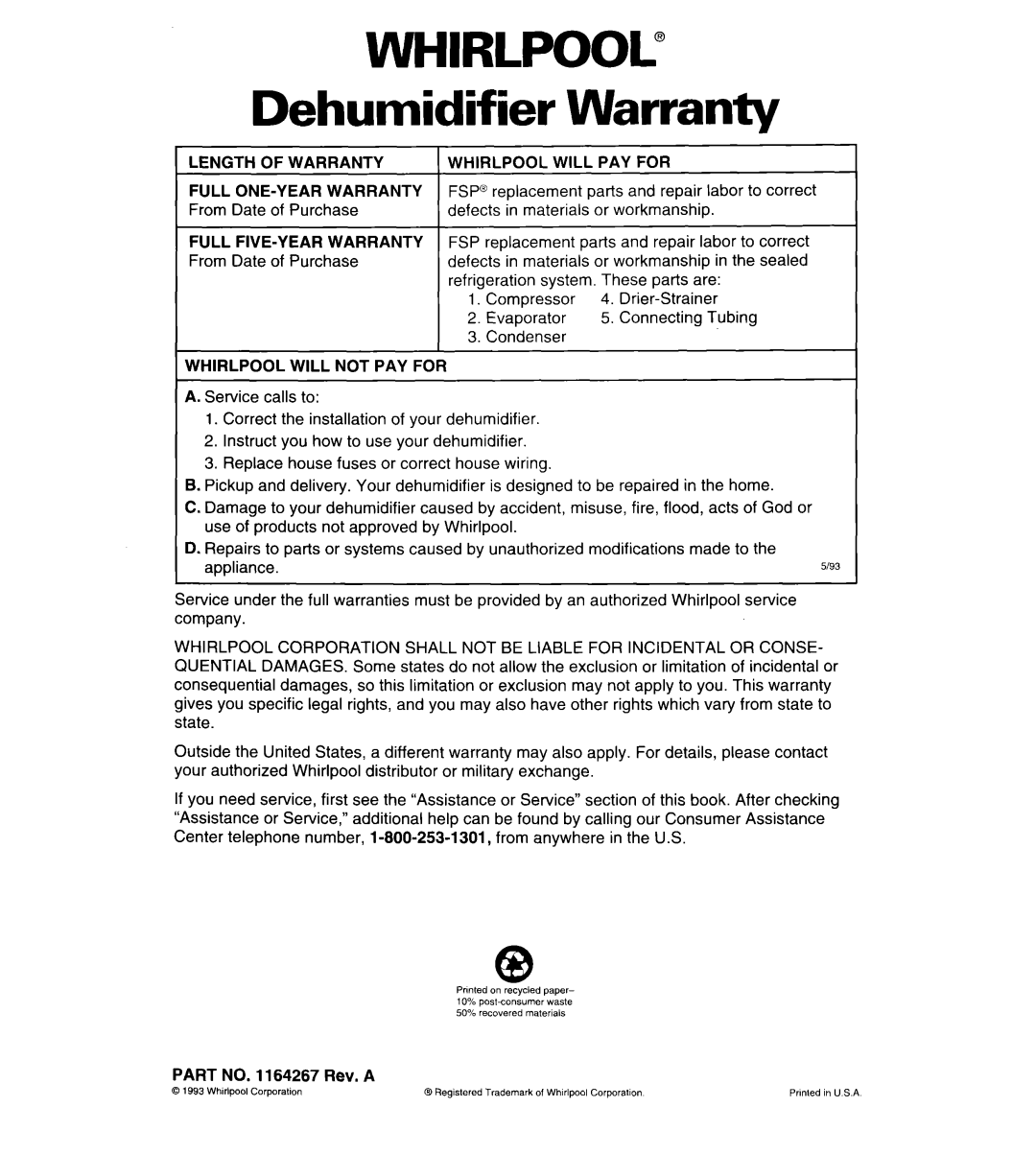 Whirlpool AD030, ADO25, AD050, AD040 important safety instructions WHIRLPOOL” Dehumidifier Warranty 