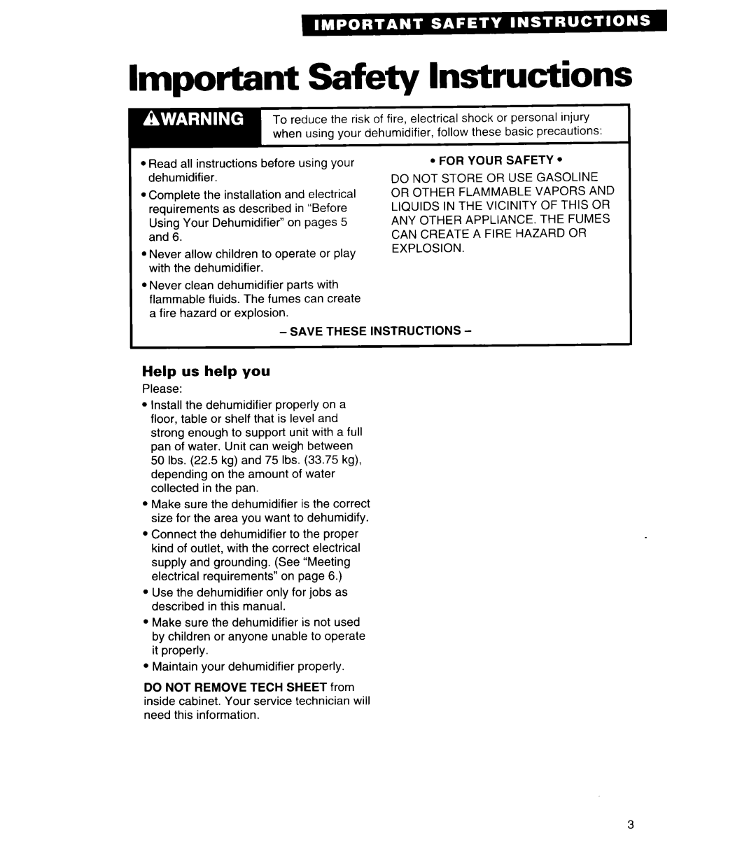Whirlpool AD030, ADO25, AD050, AD040 important safety instructions Important Safety Instructions, Help us help you 