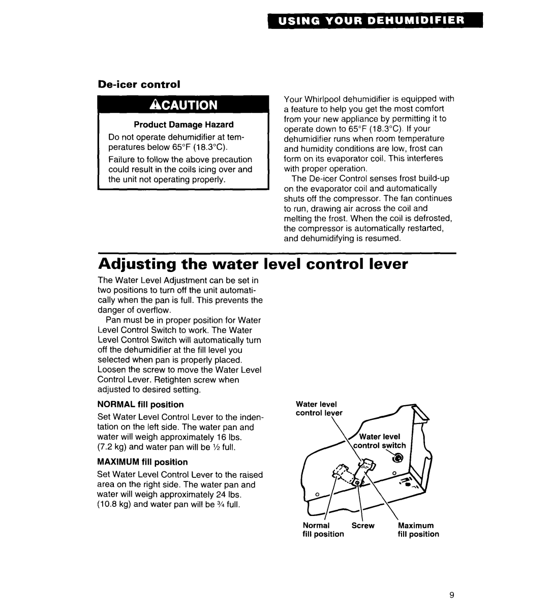 Whirlpool AD050, ADO25, AD040, AD030 important safety instructions Adjusting the water level control lever, De-icercontrol 