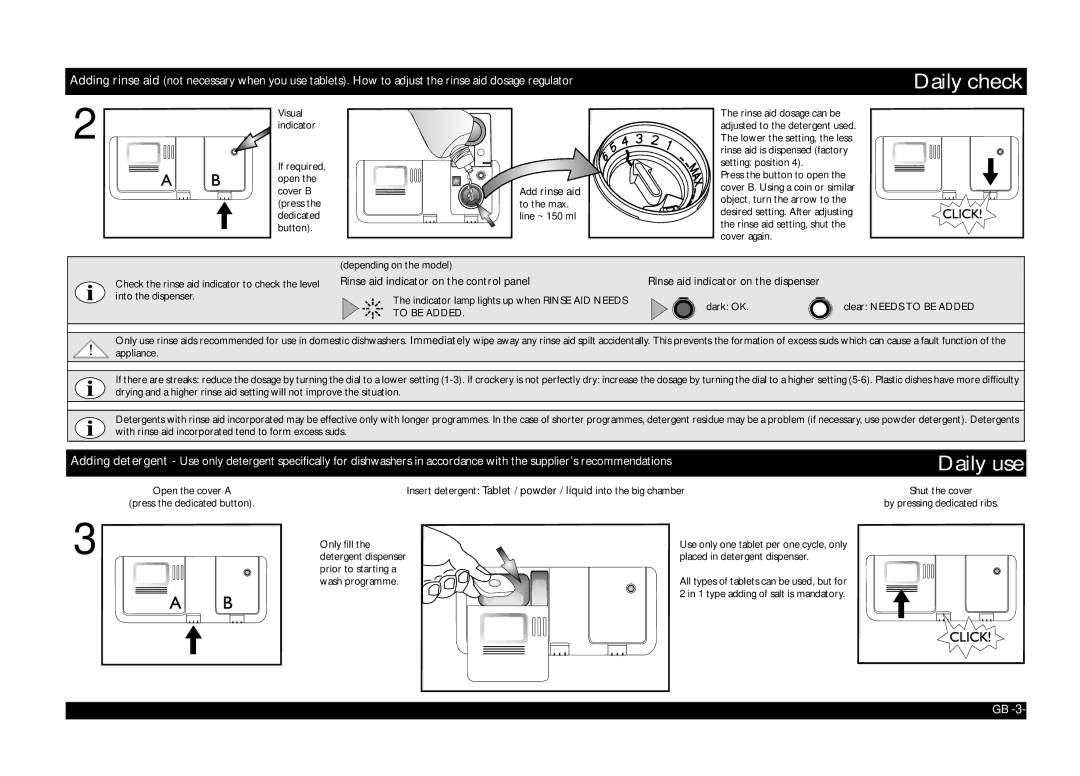 Whirlpool ADP 2315 Daily check, Daily use, Rinse aid indicator on the control panel, Rinse aid indicator on the dispenser 