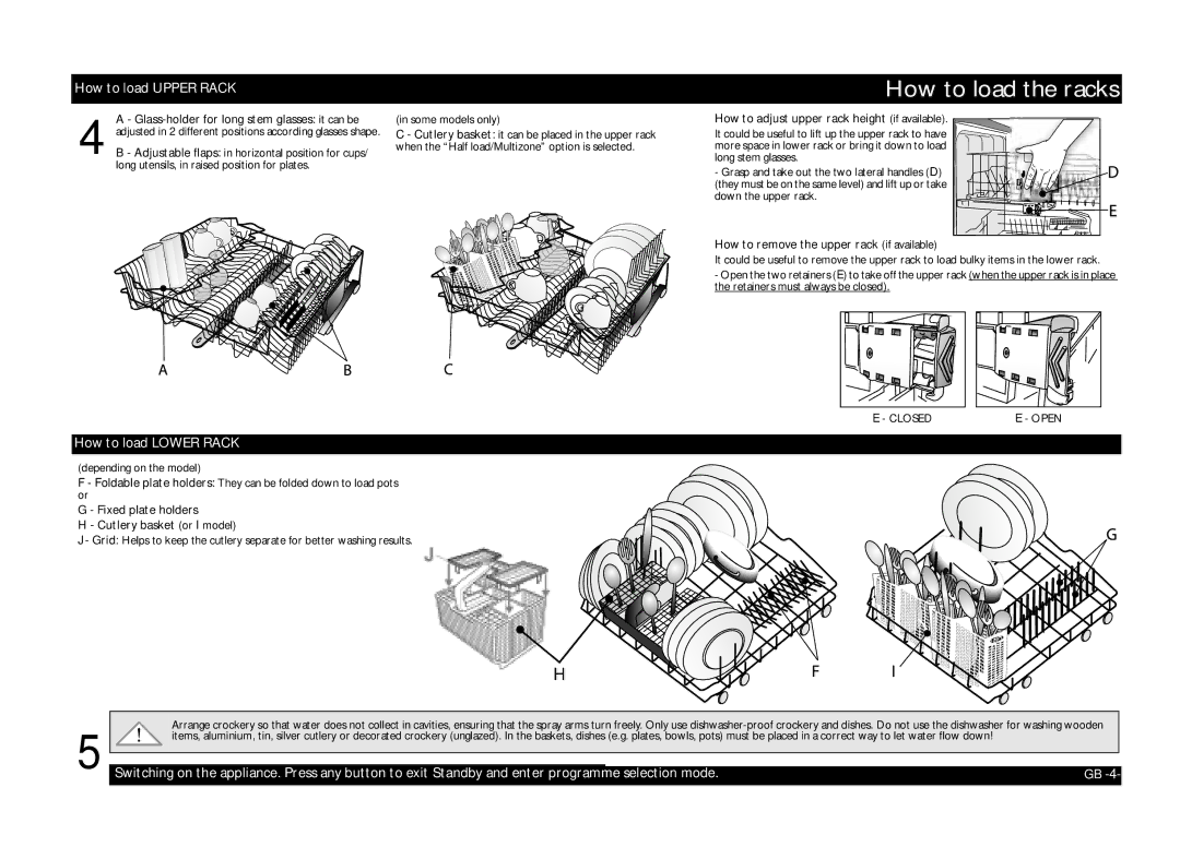 Whirlpool ADP 2315 manual How to load the racks, How to load Upper Rack, How to load Lower Rack, Selection mode 