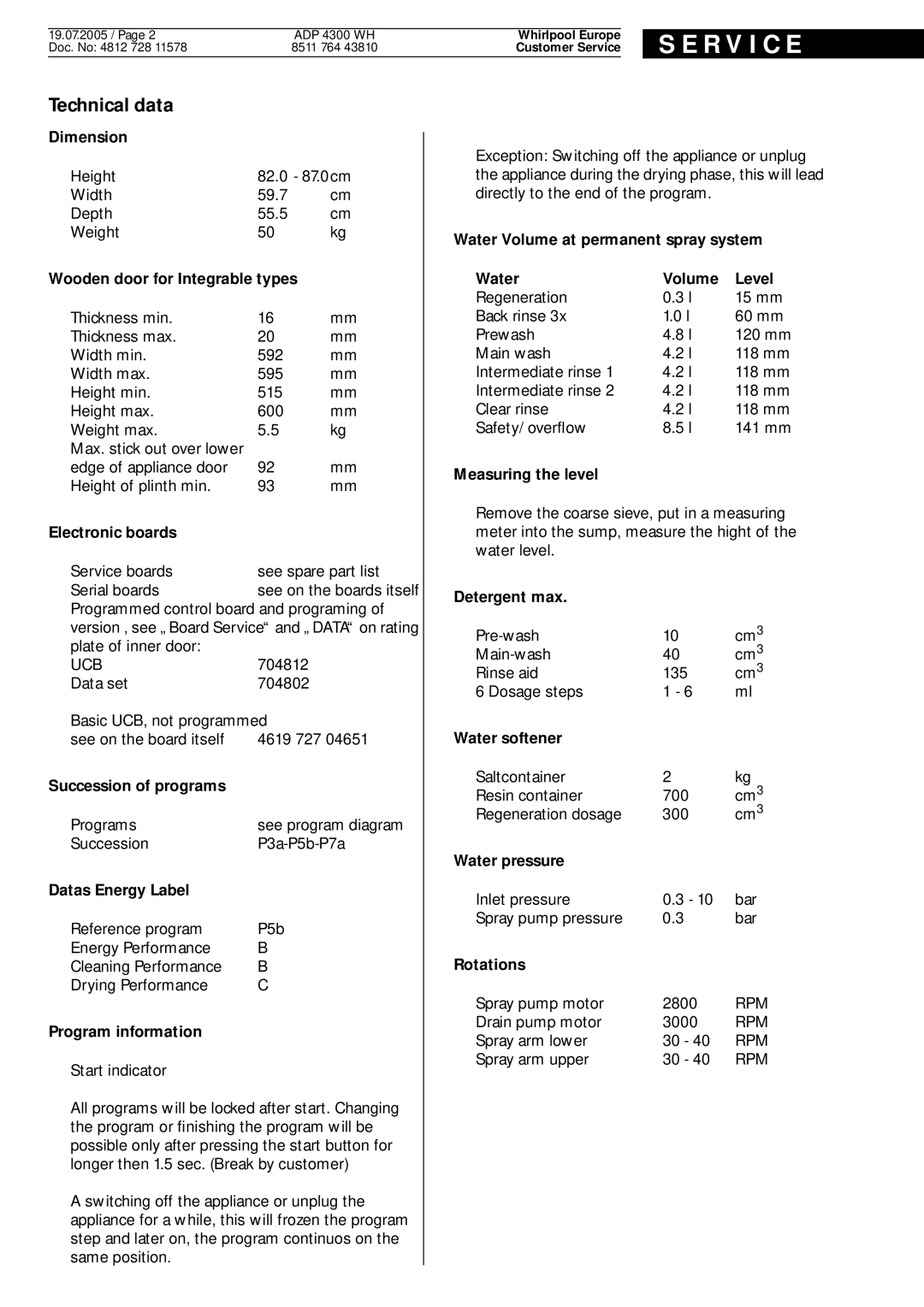 Whirlpool ADP 4300 WH service manual R V I C E, Technical data 