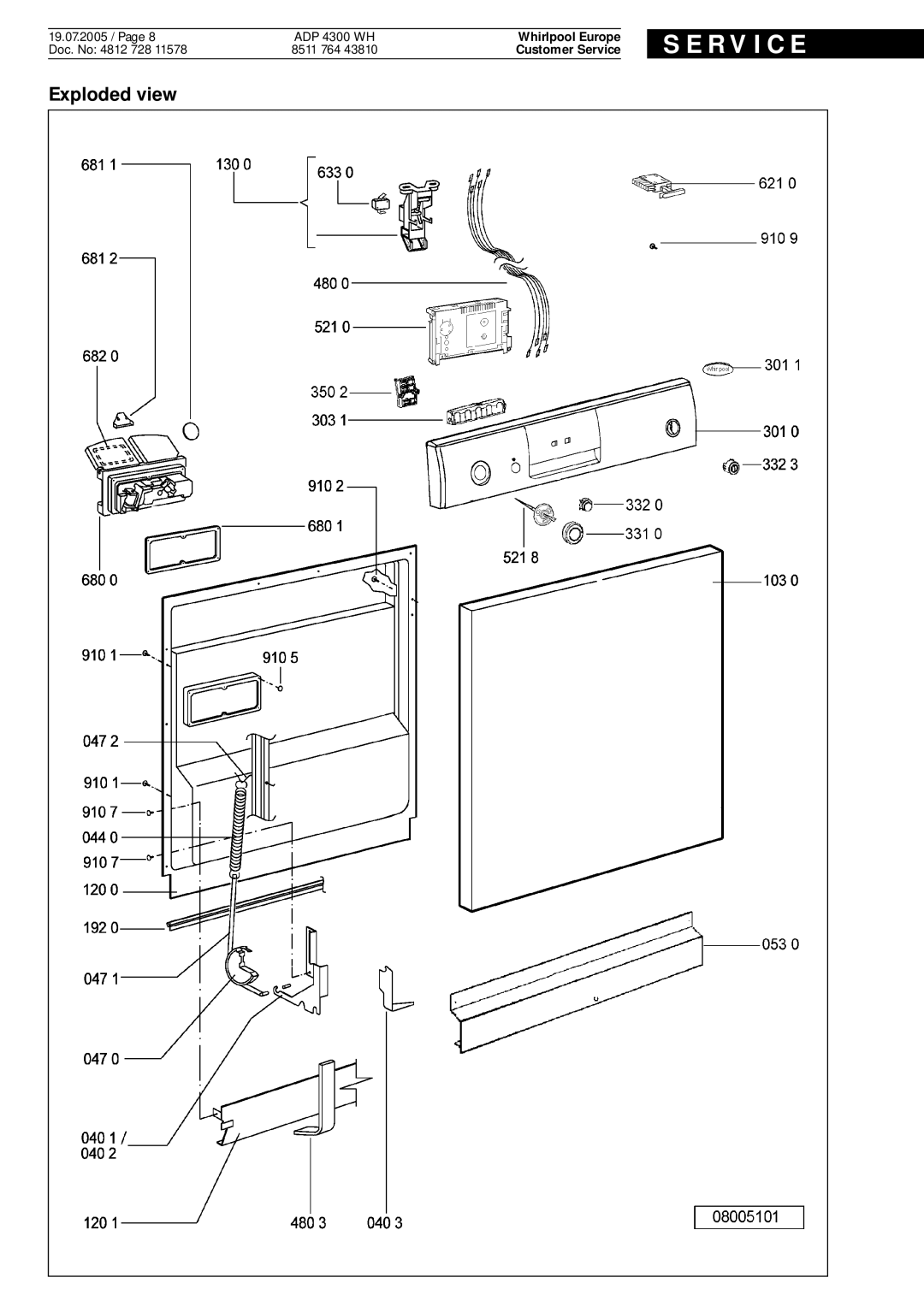 Whirlpool ADP 4300 WH service manual S E R V I C E, Exploded view, Whirlpool Europe, Customer Service 