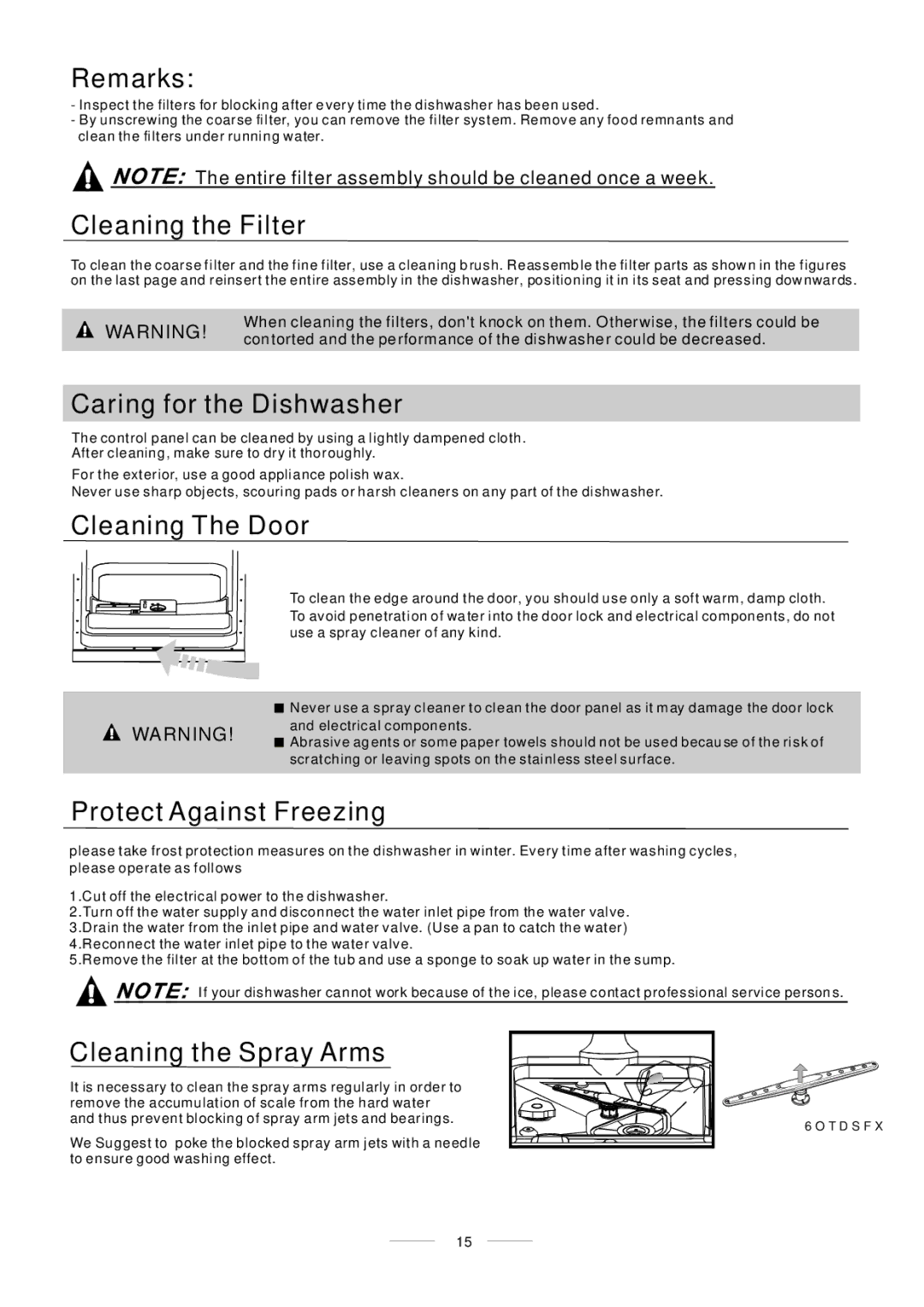 Whirlpool ADP 451 manual Cleaning the Filter, Caring for the Dishwasher 