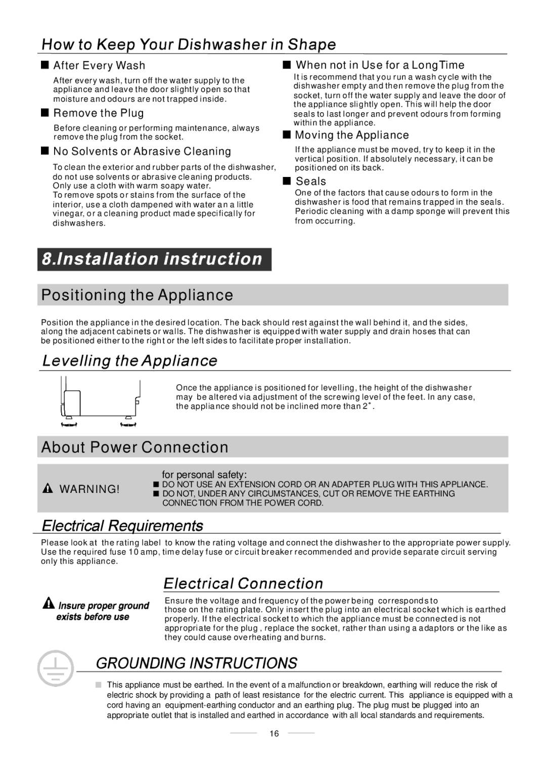 Whirlpool ADP 451 manual Positioning the Appliance, About Power Connection 