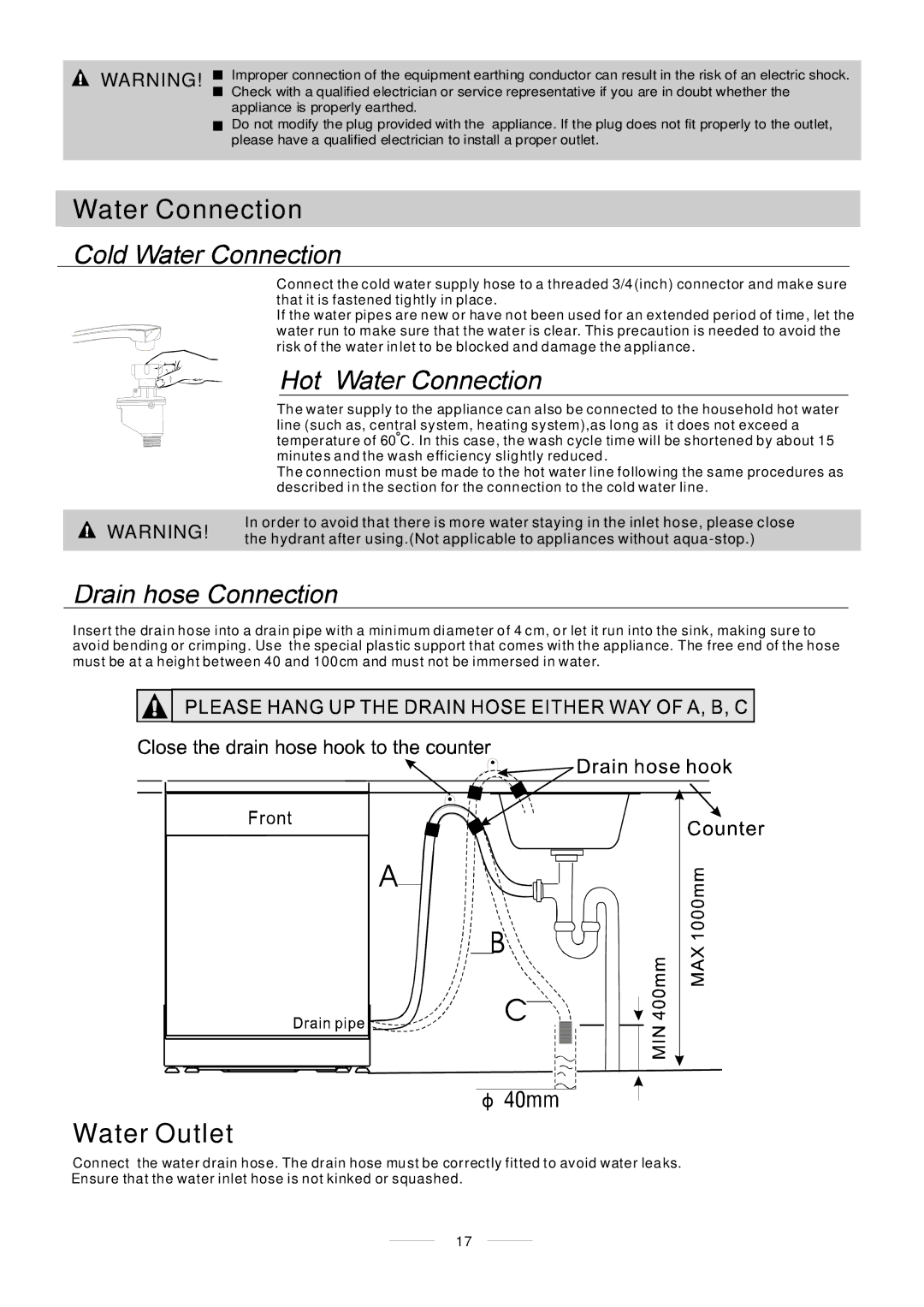 Whirlpool ADP 451 manual Water Connection, Water Outlet 