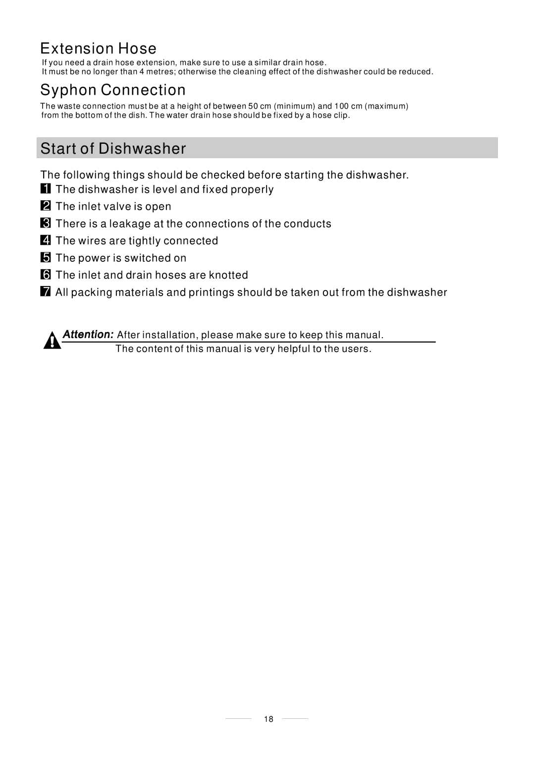 Whirlpool ADP 451 manual Extension Hose, Syphon Connection, Start of Dishwasher 