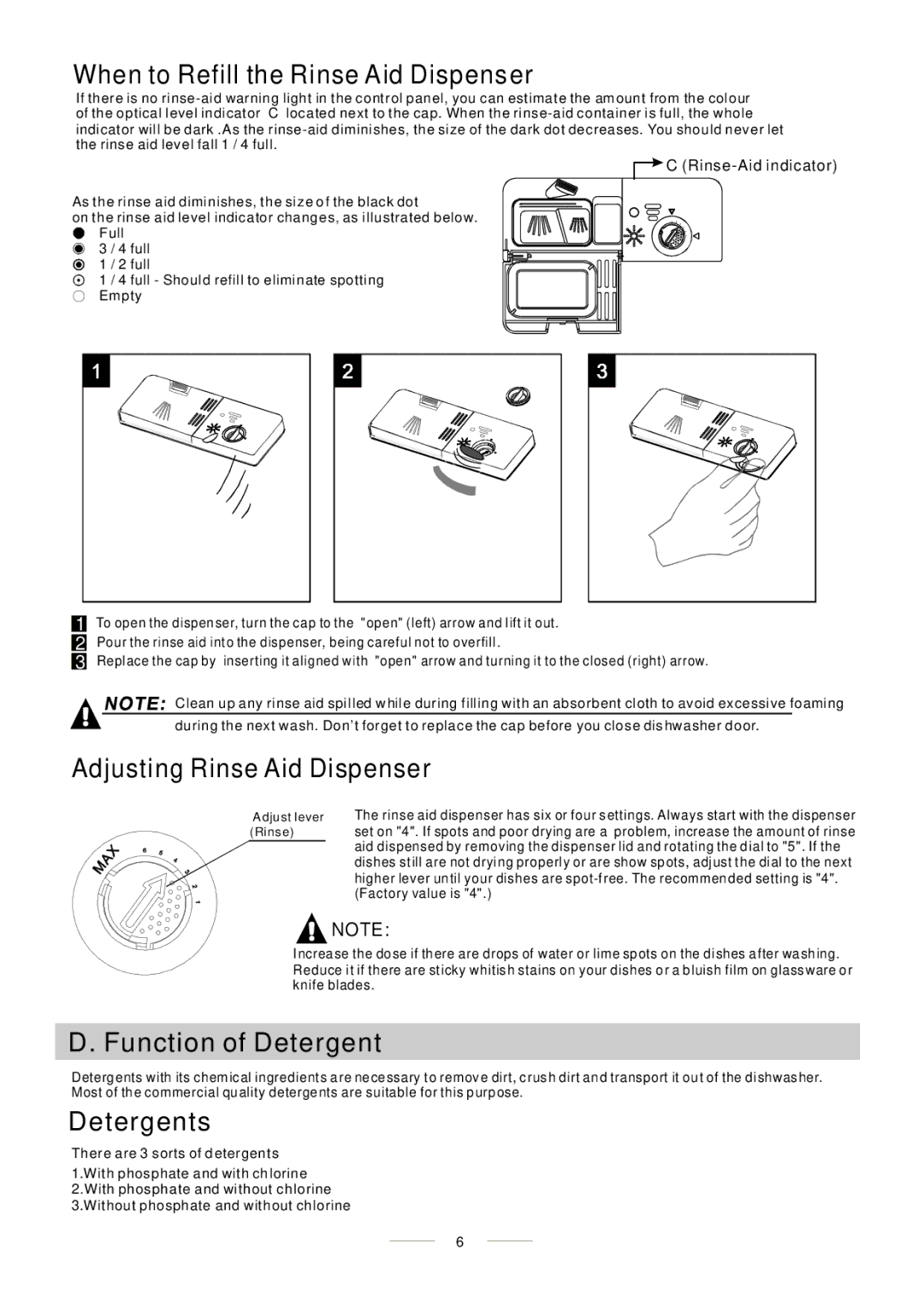 Whirlpool ADP 451 When to Refill the Rinse Aid Dispenser, Adjusting Rinse Aid Dispenser, Function of Detergent, Detergents 