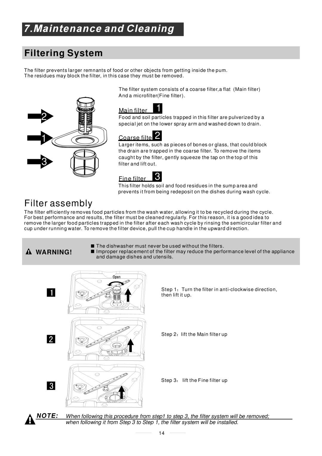 Whirlpool ADP 451 manual Filtering System, Filter assembly, Main filter, Coarse filter, Fine filter 