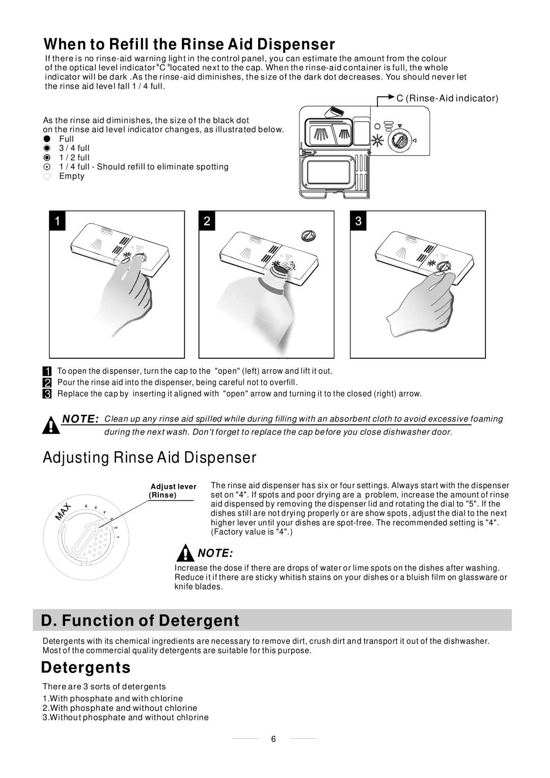 Whirlpool ADP 451 manual When to Refill the Rinse Aid Dispenser, Adjusting Rinse Aid Dispenser, D. Function of Detergent 