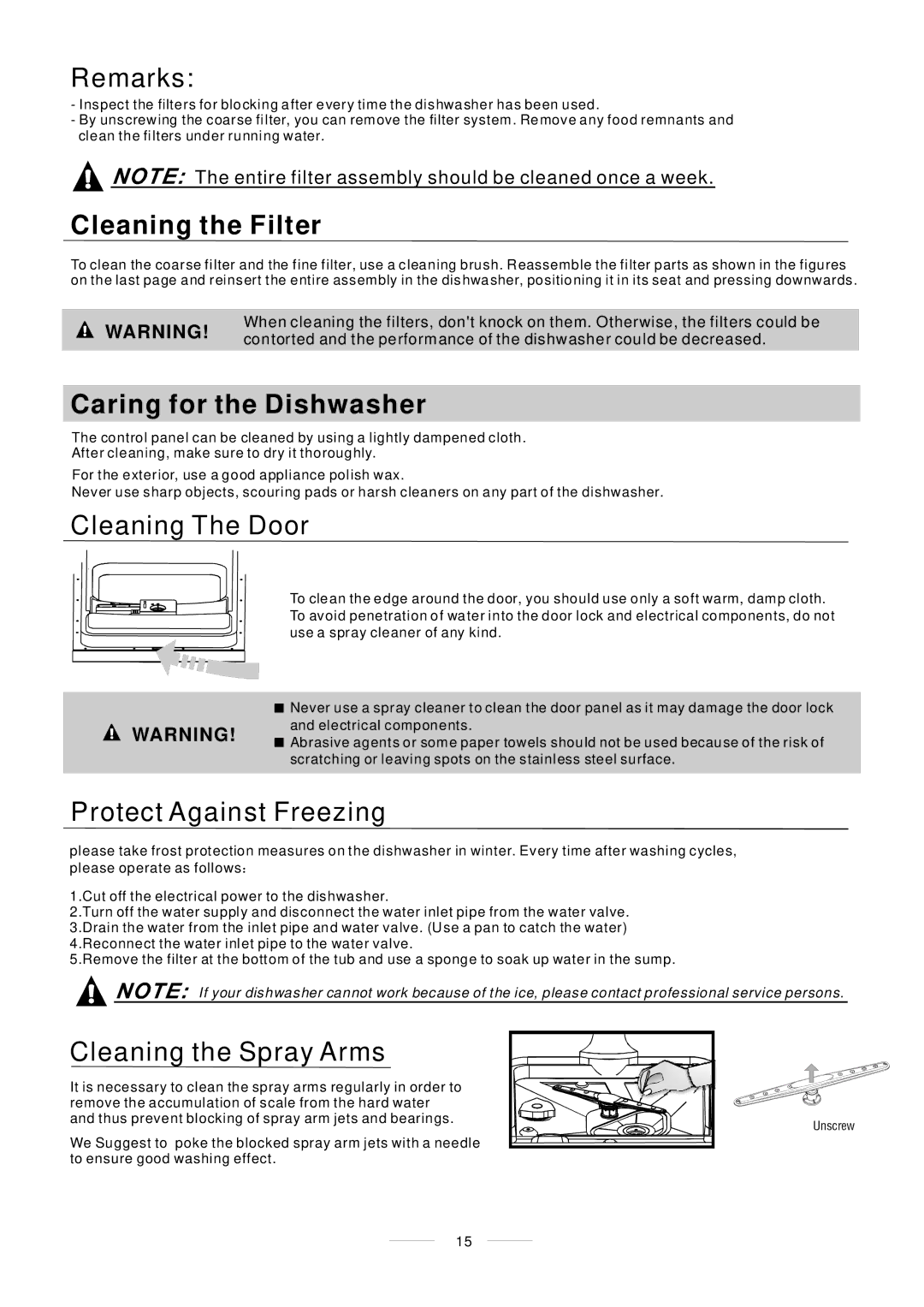 Whirlpool ADP 750 manual Cleaning the Filter, Caring for the Dishwasher 