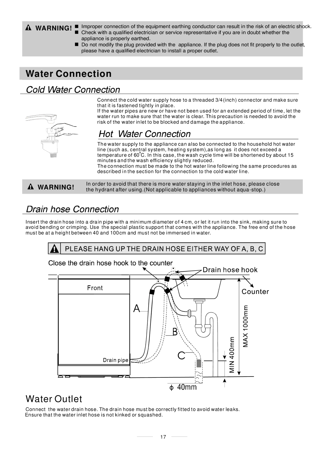 Whirlpool ADP 750 manual Water Connection, Water Outlet 