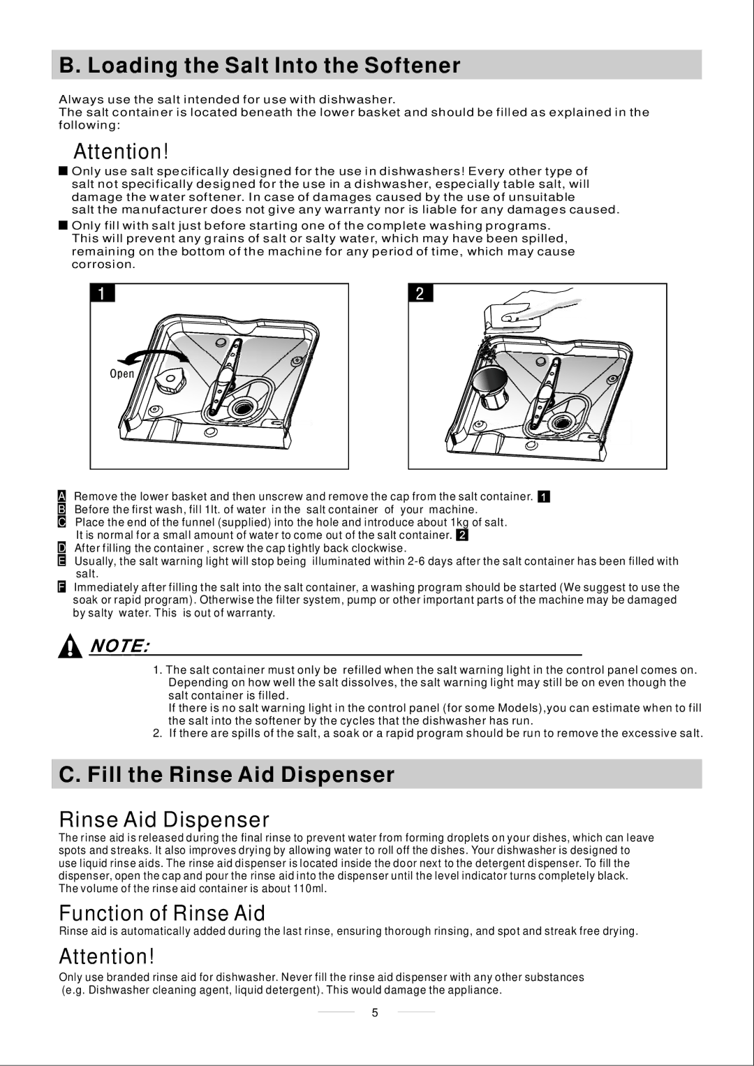 Whirlpool ADP 750 manual Loading the Salt Into the Softener, Fill the Rinse Aid Dispenser, Function of Rinse Aid 