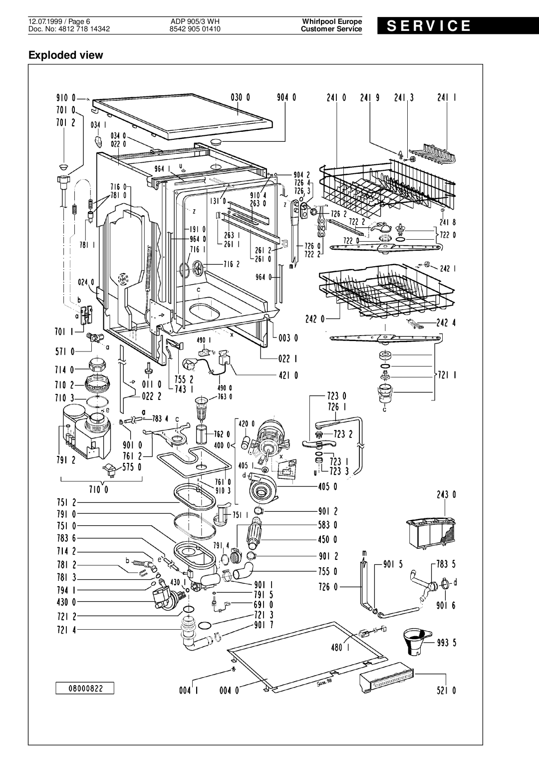 Whirlpool ADP 905/3 WH service manual Exploded view, S E R V I C E, Whirlpool Europe, Customer Service 