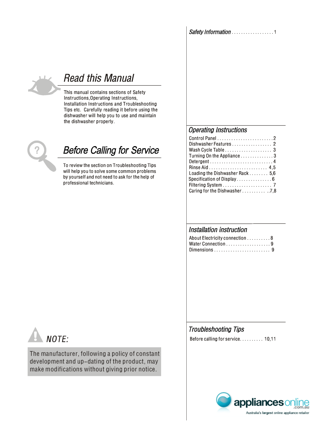 Whirlpool ADP6000WH, ADP6000IX manual Before calling for service. . . . . . . . . . 10,11 