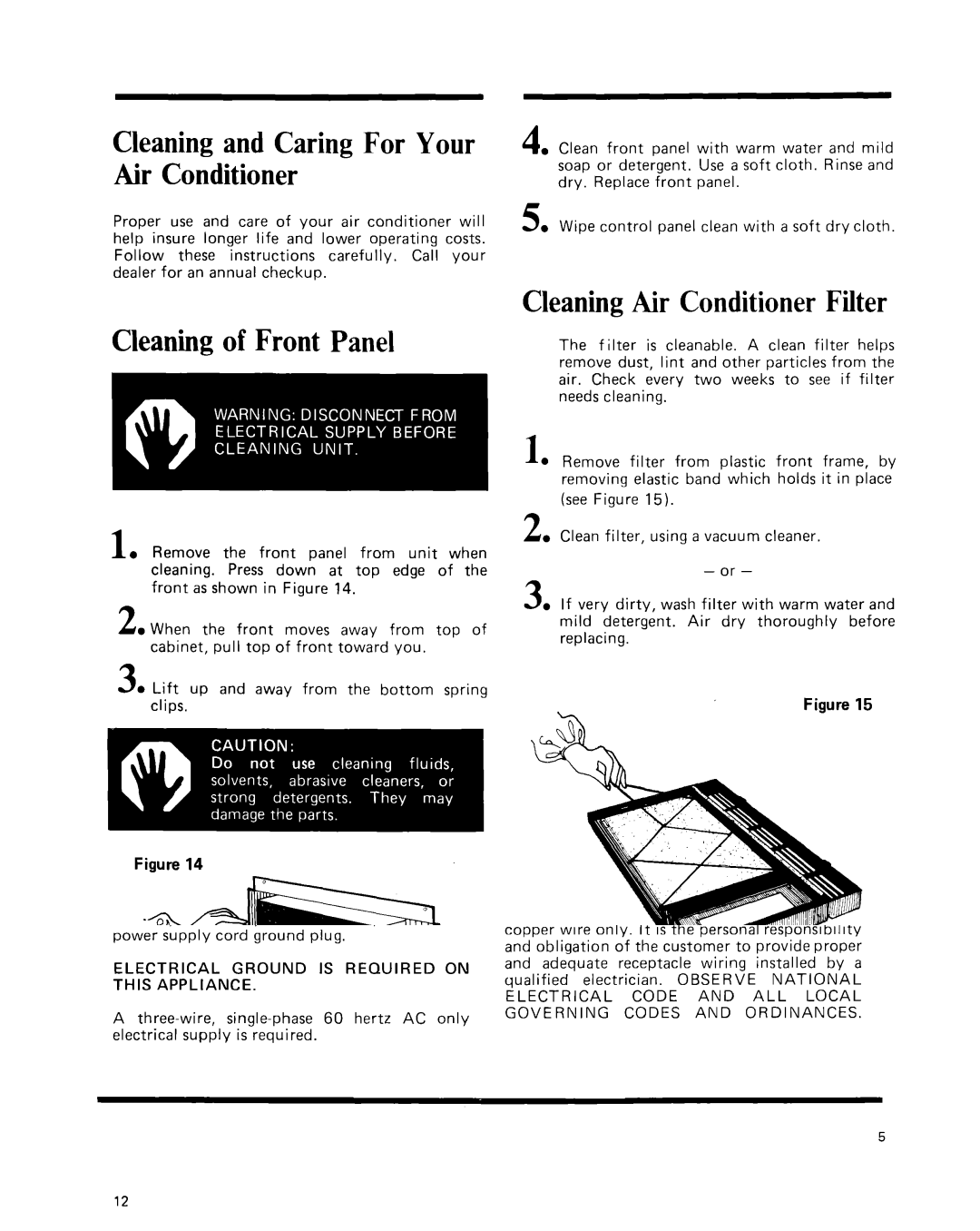 Whirlpool manual Cleaningand Caring For Your Air Conditioner, Cleaningof Front Panel, CleaningAir Conditioner Filter 