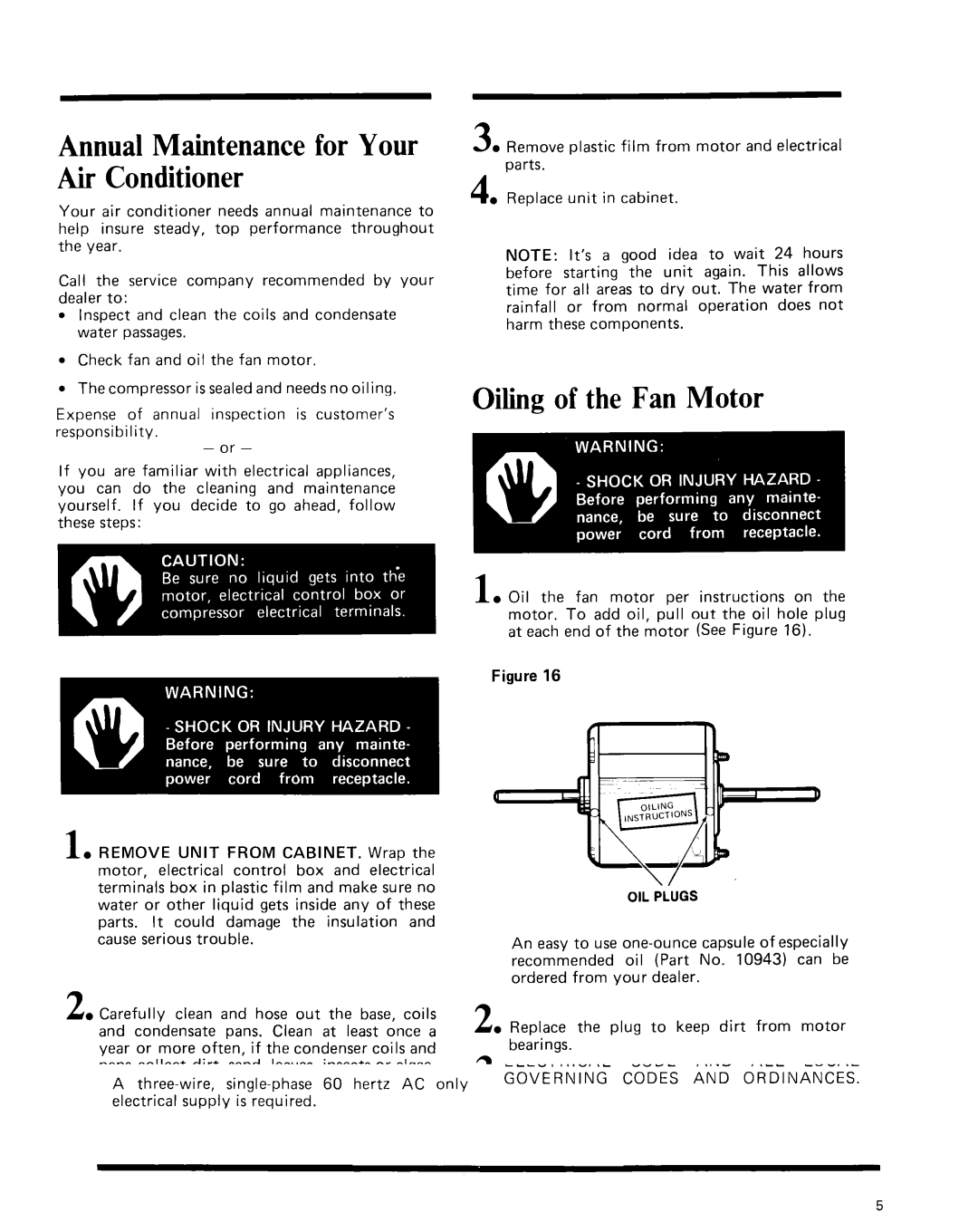 Whirlpool manual Annual Maintenance for Your Air Conditioner, Oiling of the Fan Motor 