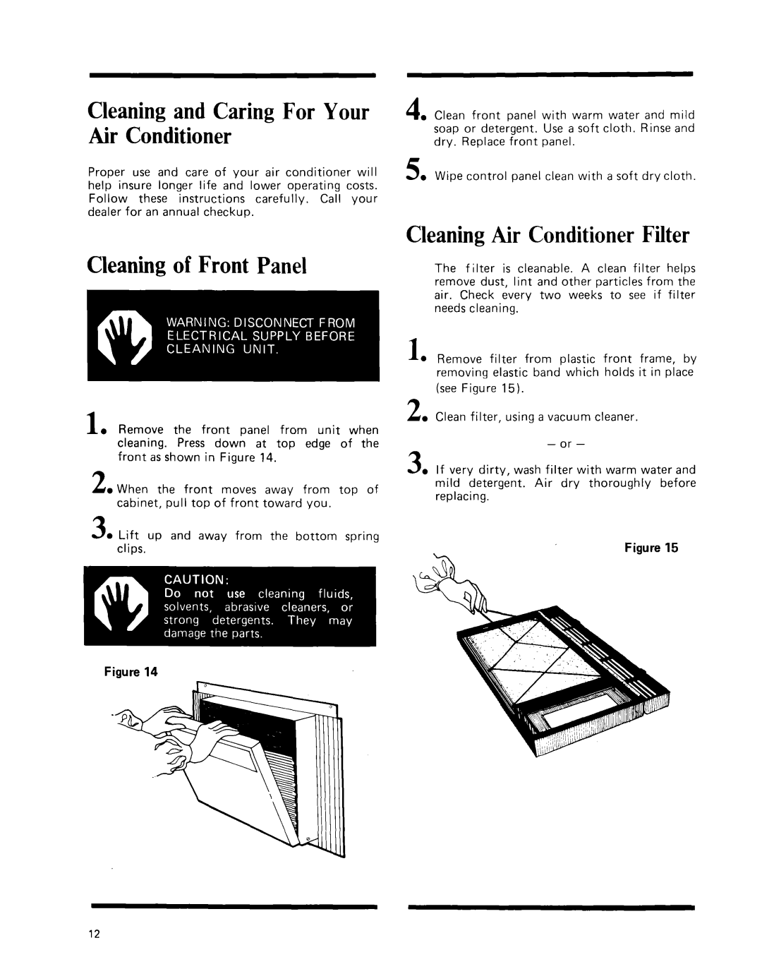 Whirlpool manual Cleaningand Caring For Your Air Conditioner, Cleaningof Front Panel, CleaningAir Conditioner Filter 