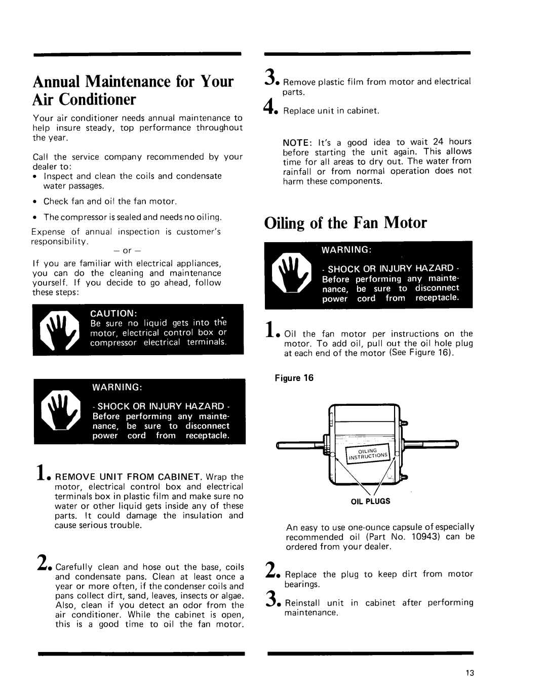 Whirlpool manual Annual Maintenance for Your Air Conditioner, Oiling of the Fan Motor 