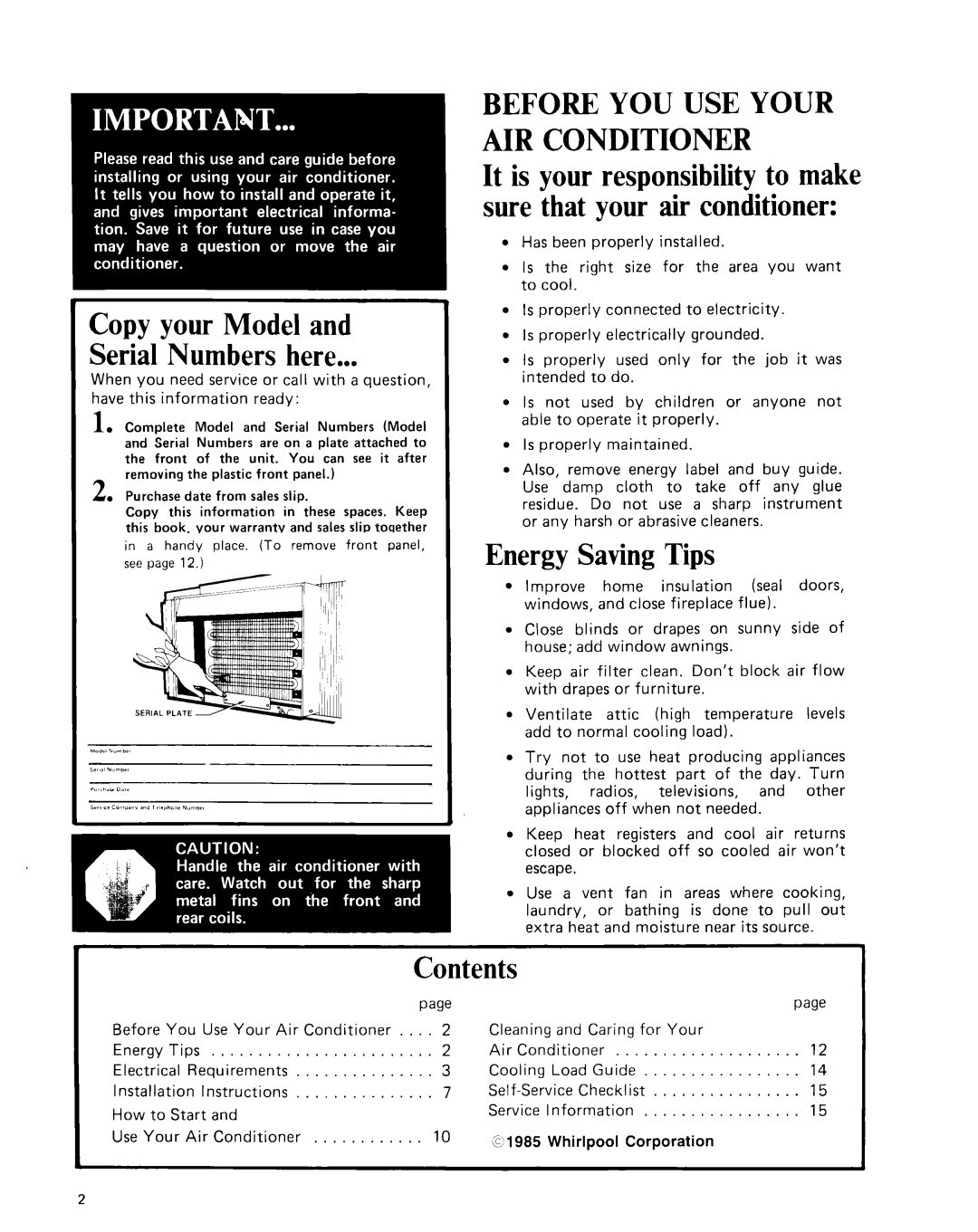 Whirlpool Air Conditioner manual Copy your Model and Serial Numbers here, Energy SavingTips, Contents, page 