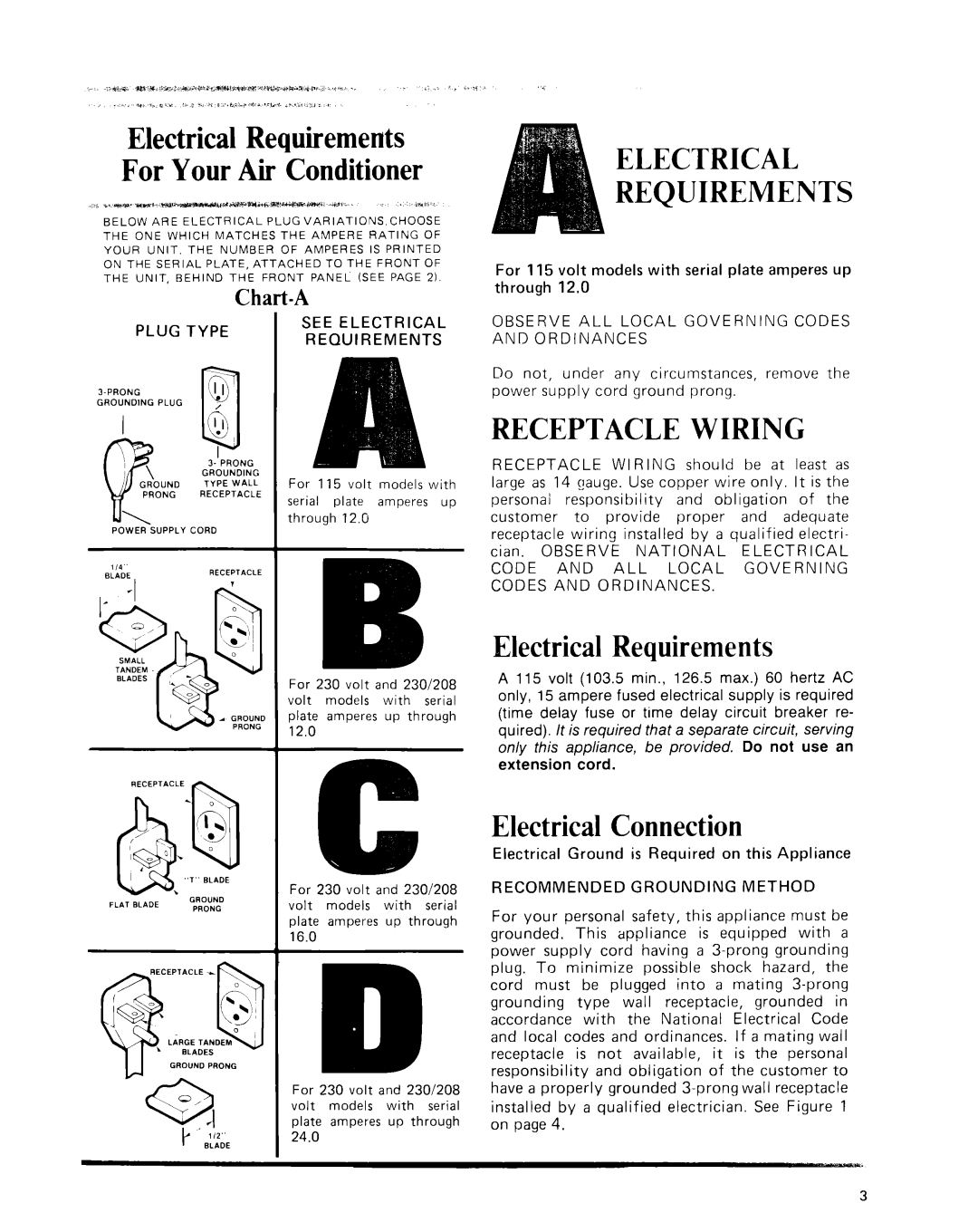 Whirlpool Air Conditioner manual Electrical Requirements, Receptacle Wiring, Electrical Connection, Chart-A 